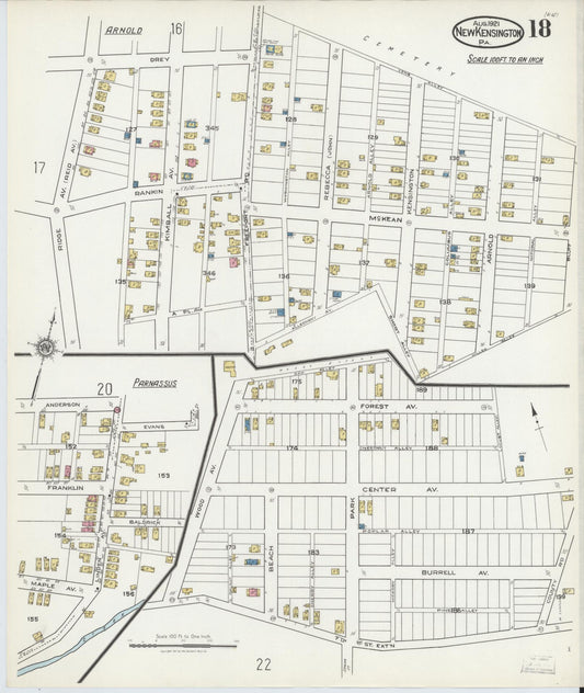 Sanborn Fire Insurance Map from New Kensington, Westmoreland County, Pennsylvania (1921), Sheet #0018 - Historic Sanborn Fire Insurance Map Print, vintage old map wall art, antique decor, genealogy gift, Pennsylvania Pennsylvania map