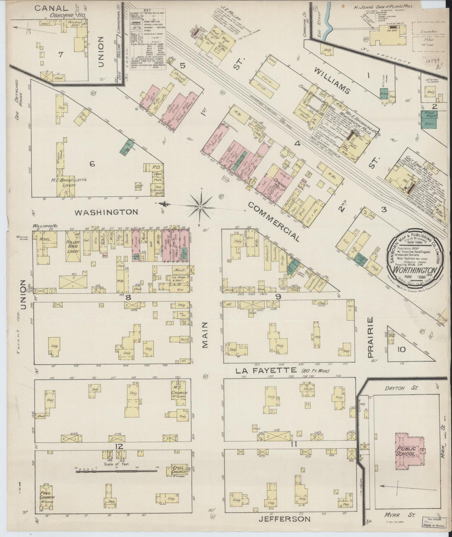 Sanborn Fire Insurance Map from Worthington, Greene County, Indiana (1886), Sheet #0001 - Historic Sanborn Fire Insurance Map Print, vintage old map wall art, antique decor, genealogy gift, Indiana Indiana map