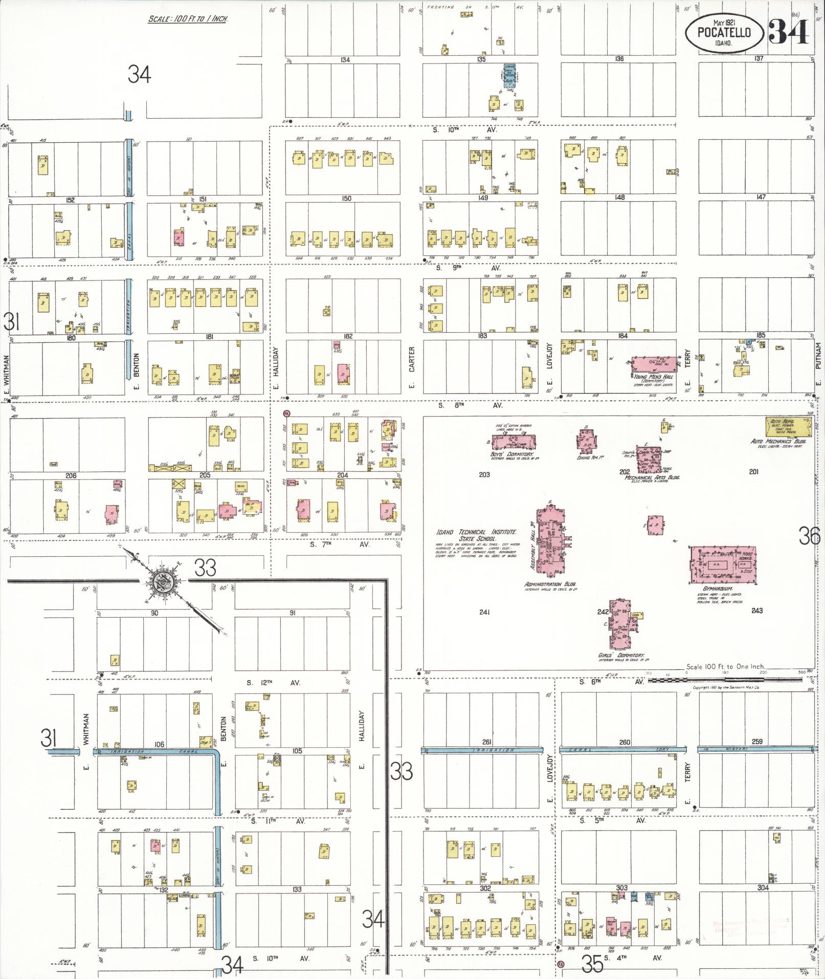 Sanborn Fire Insurance Map from Pocatello, Bannock County, Idaho (1921), Sheet #0034 - Complete Map Set gallery image, historic Sanborn map, vintage wall art, Idaho Idaho