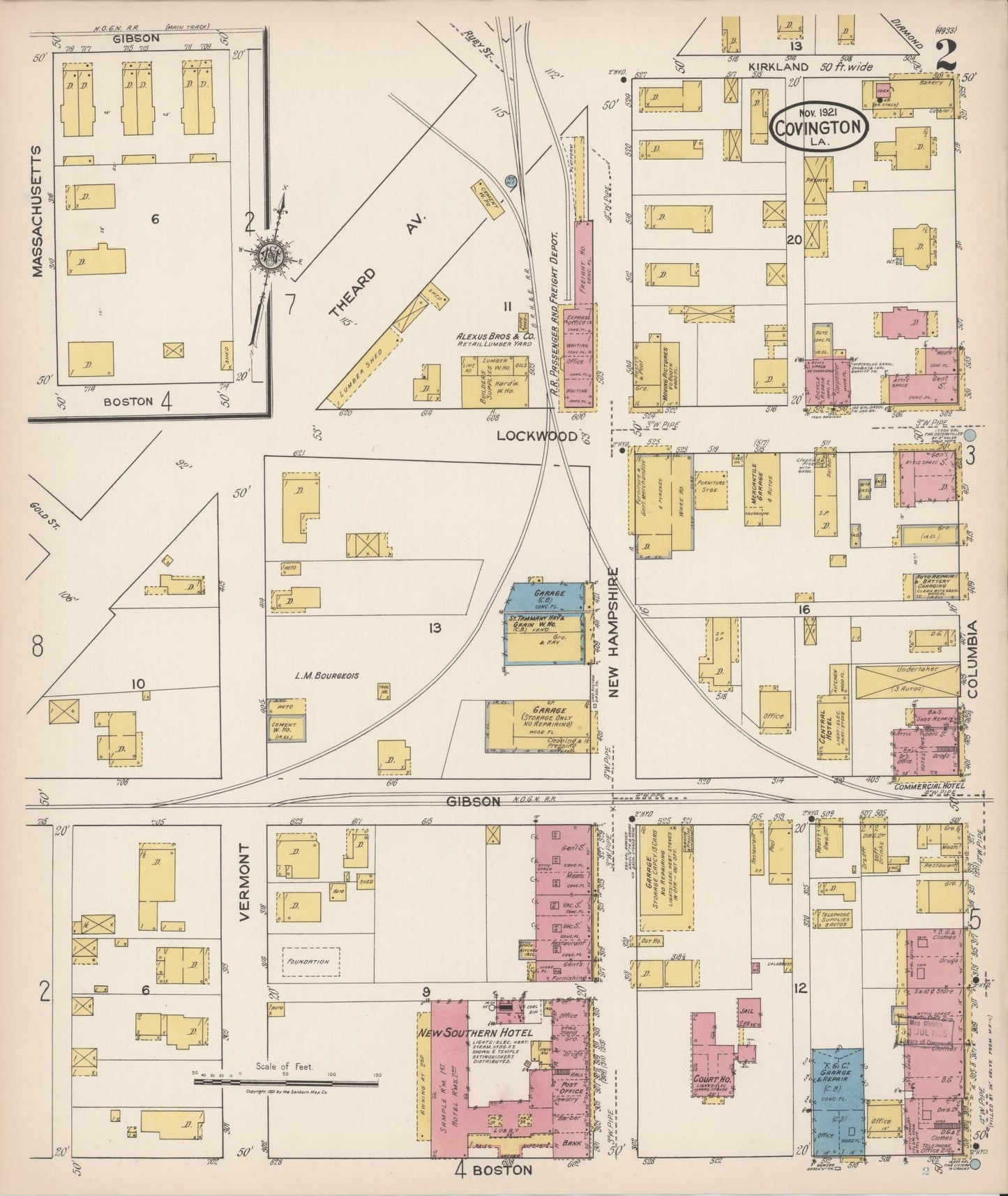 Sanborn Fire Insurance Map from Covington, Saint Tammany Parish, Louisiana (1921), Sheet #0002 - Historic Sanborn Fire Insurance Map Print, vintage old map wall art, antique decor, genealogy gift, Louisiana Louisiana map