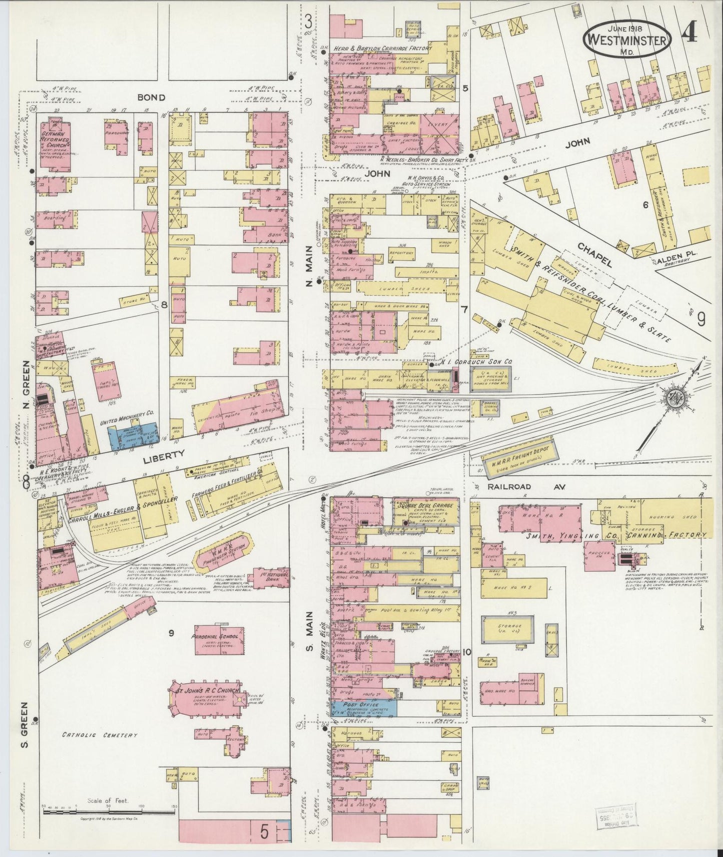 Sanborn Fire Insurance Map from Westminster, Carroll County, Maryland (1918), Sheet #0004 - Historic Sanborn Fire Insurance Map Print, vintage old map wall art, antique decor, genealogy gift, Maryland Maryland map