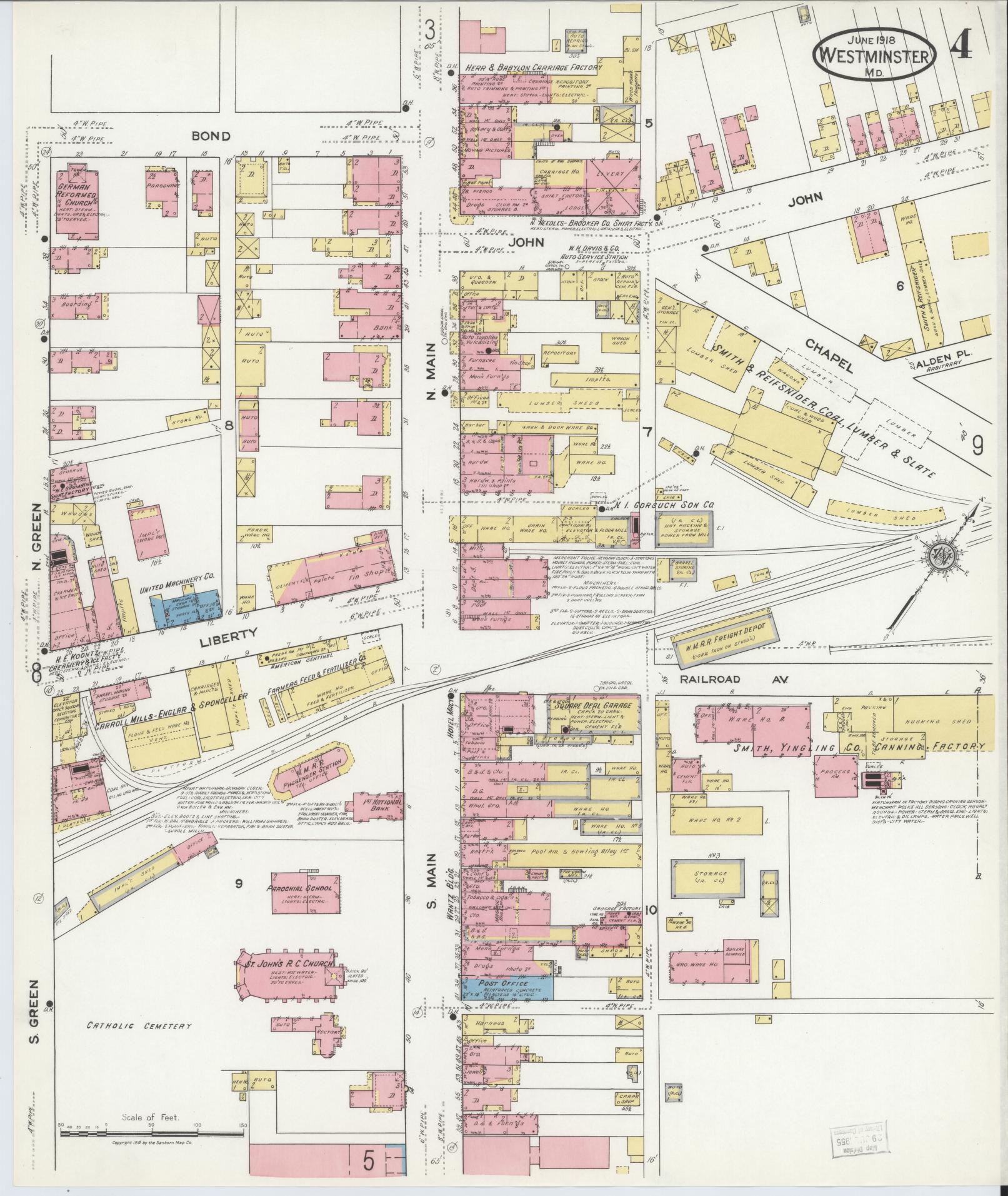 Sanborn Fire Insurance Map from Westminster, Carroll County, Maryland (1918), Sheet #0004 - Historic Sanborn Fire Insurance Map Print, vintage old map wall art, antique decor, genealogy gift, Maryland Maryland map