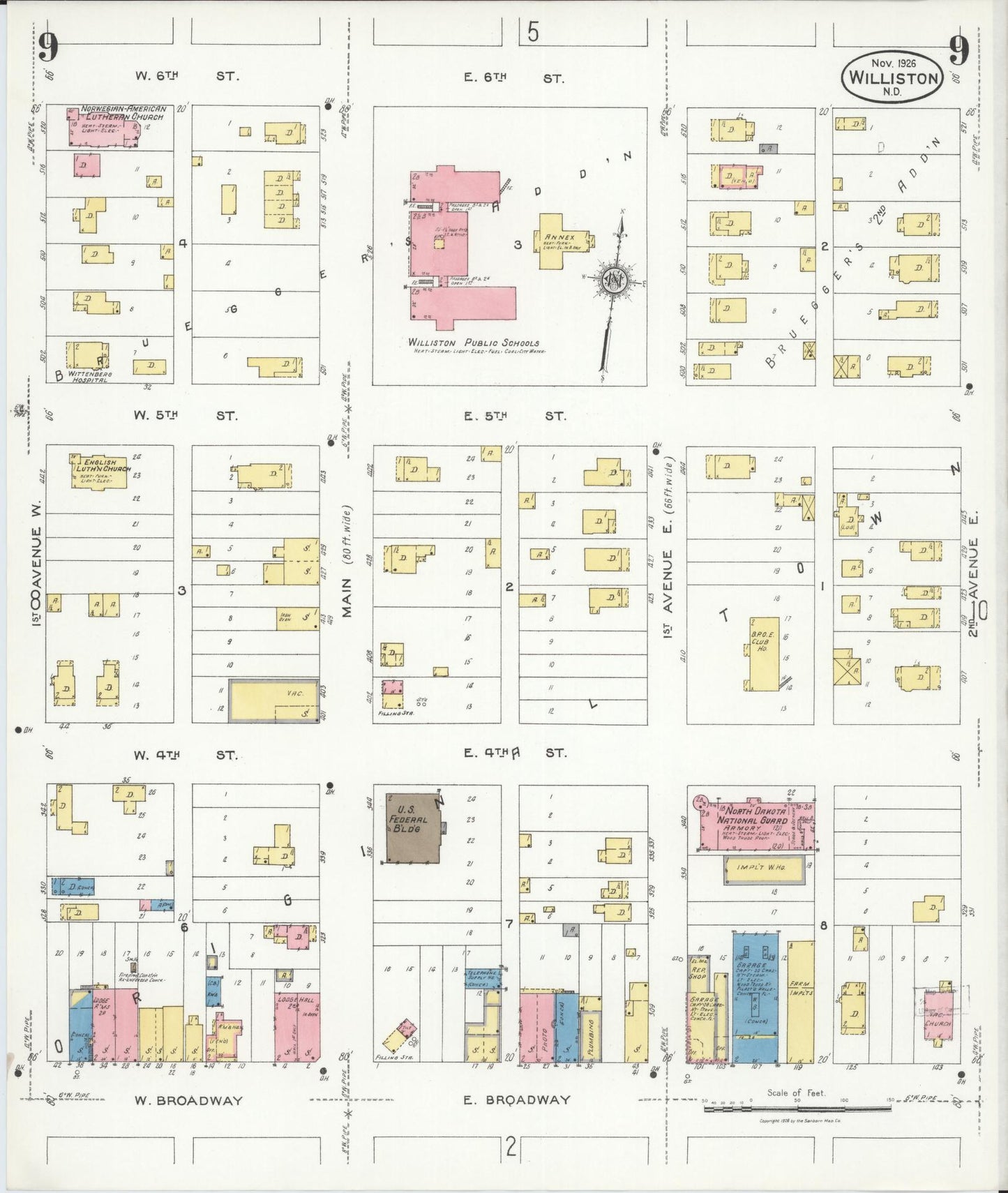 Sanborn Fire Insurance Map from Williston, Williams County, North Dakota (1926), Sheet #0009 - Complete Map Set gallery image, historic Sanborn map, vintage wall art, North Dakota North Dakota