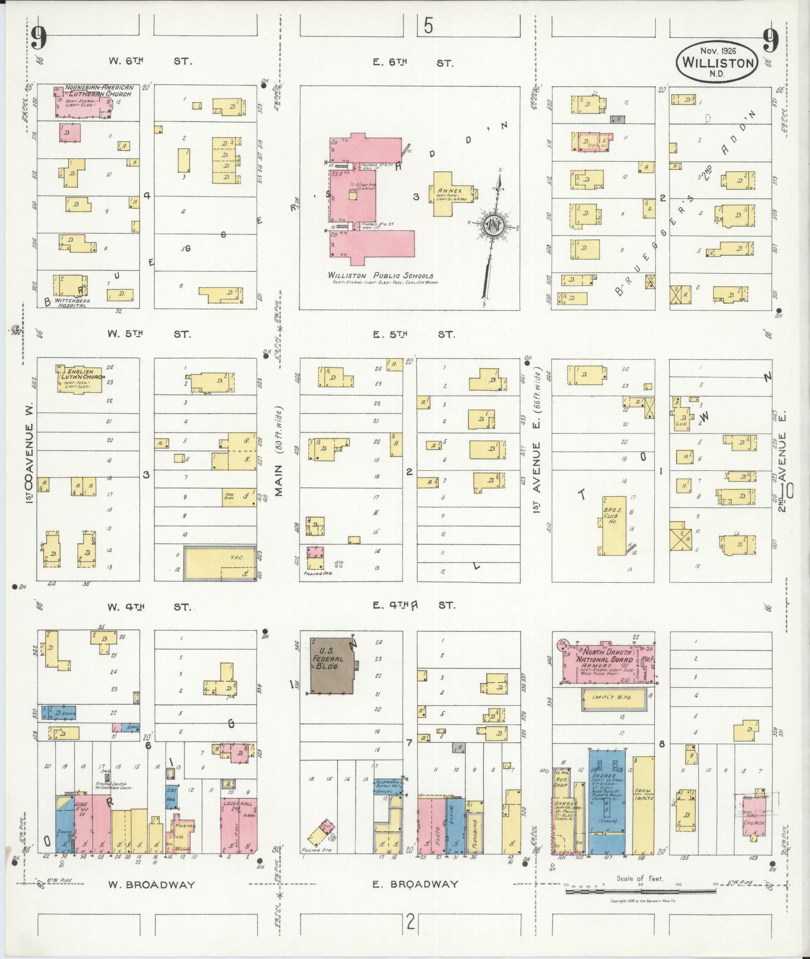 Sanborn Fire Insurance Map from Williston, Williams County, North Dakota (1926), Sheet #0009 - Complete Map Set gallery image, historic Sanborn map, vintage wall art, North Dakota North Dakota