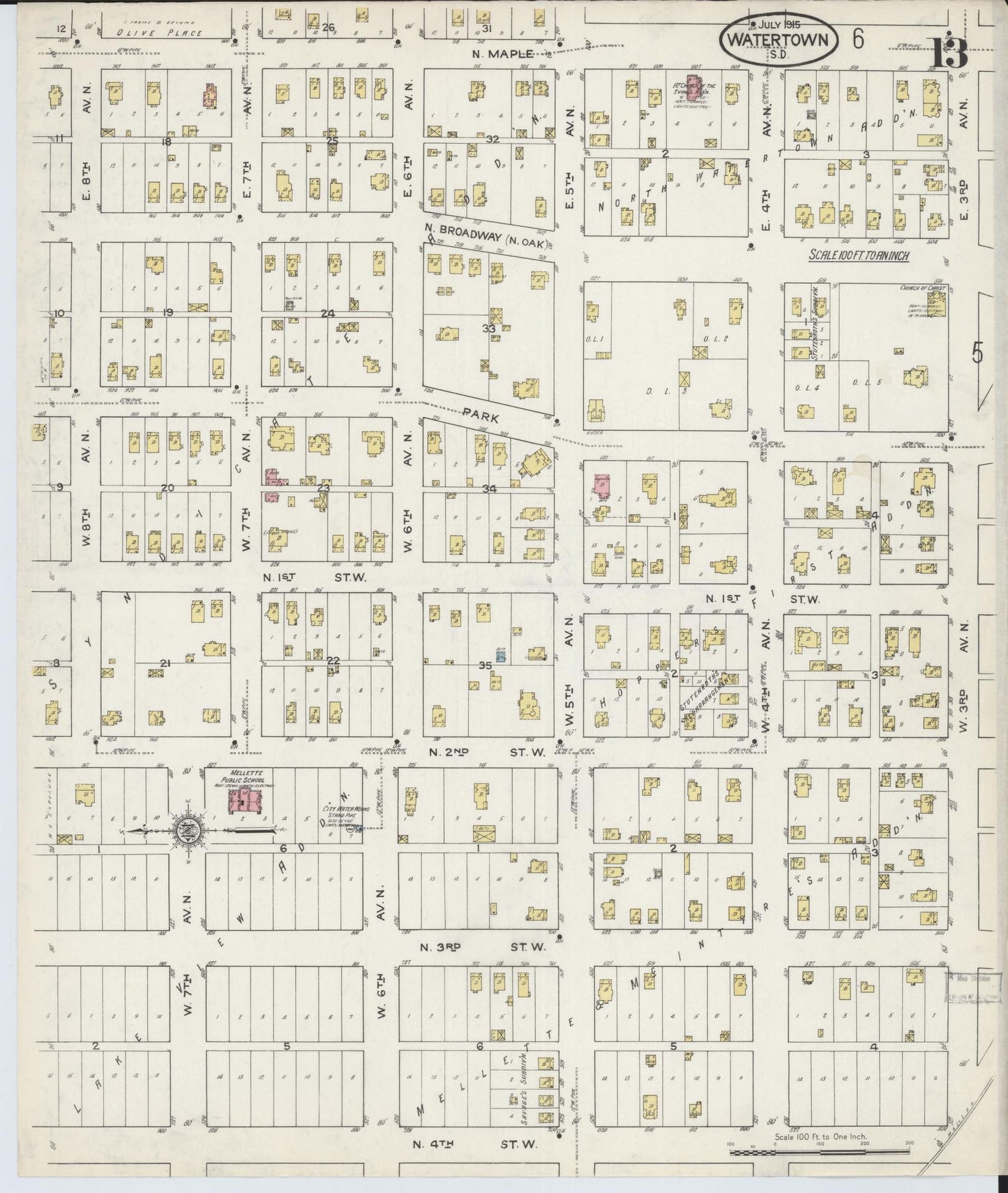Sanborn Fire Insurance Map from Watertown, Codington County, South Dakota (1915), Sheet #0013 - Complete Map Set gallery image, historic Sanborn map, vintage wall art, South Dakota South Dakota