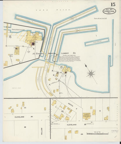 Sanborn Fire Insurance Map from Cheboygan, Cheboygan County, Michigan (1907), Sheet #0015 - Historic Sanborn Fire Insurance Map Print, vintage old map wall art, antique decor, genealogy gift, Michigan Michigan map