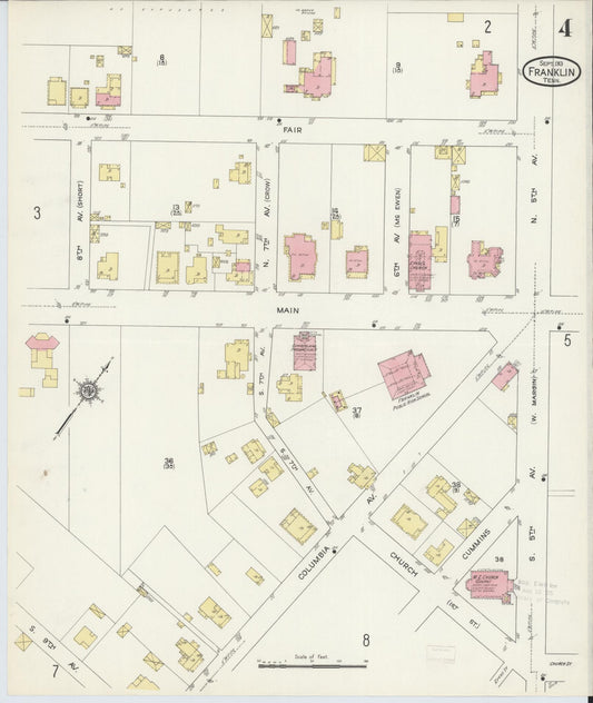 Sanborn Fire Insurance Map from Franklin, Williamson County, Tennessee (1913), Sheet #0004 - Historic Sanborn Fire Insurance Map Print, vintage old map wall art, antique decor, genealogy gift, Tennessee Tennessee map