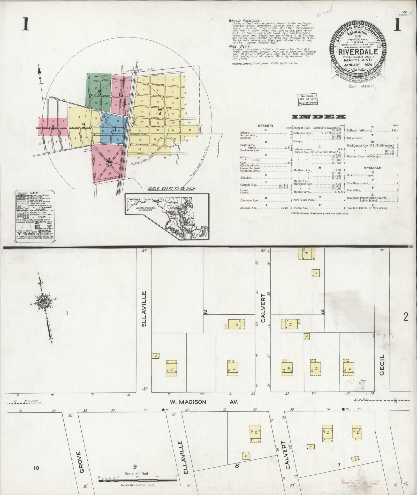 Sanborn Fire Insurance Map from Riverdale, Prince Georges County, Maryland (1924), Sheet #0001 - Complete Map Set gallery image, historic Sanborn map, vintage wall art, Maryland Maryland