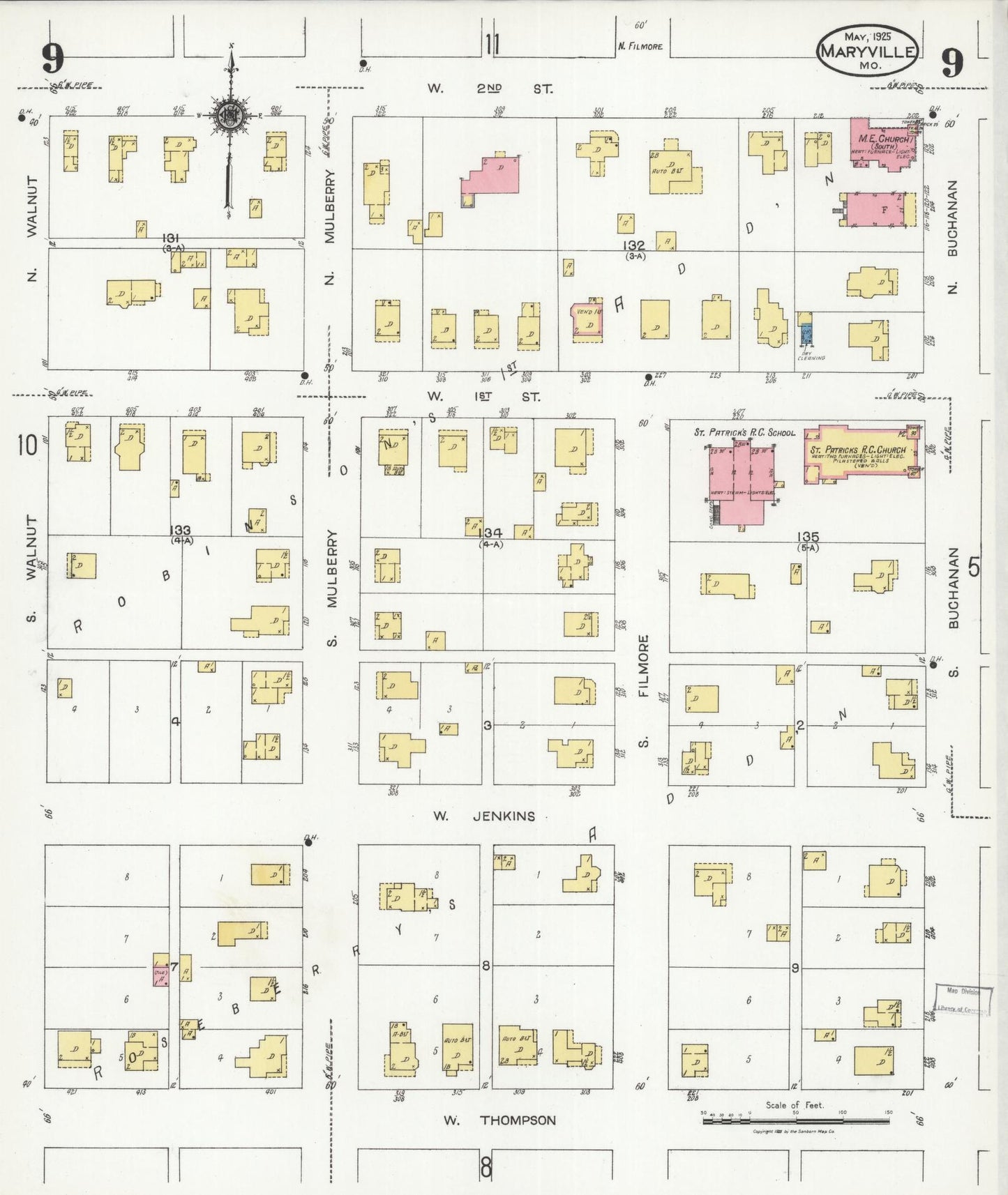 Sanborn Fire Insurance Map from Maryville, Nodaway County, Missouri (1925), Sheet #0009 - Historic Sanborn Fire Insurance Map Print, vintage old map wall art, antique decor, genealogy gift, Missouri Missouri map
