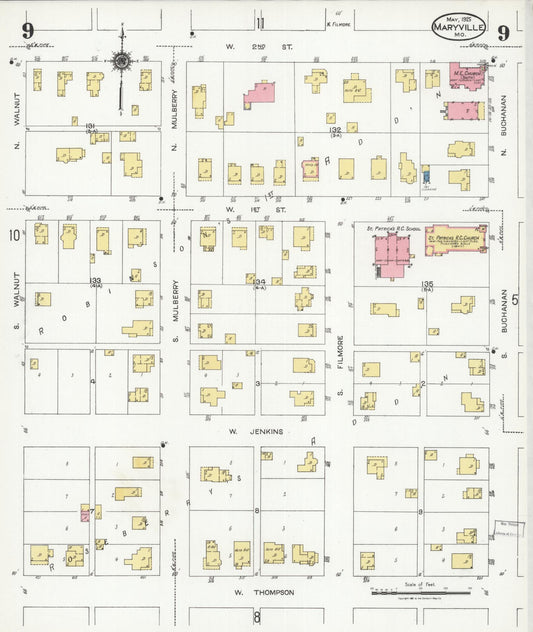 Sanborn Fire Insurance Map from Maryville, Nodaway County, Missouri (1925), Sheet #0009 - Historic Sanborn Fire Insurance Map Print, vintage old map wall art, antique decor, genealogy gift, Missouri Missouri map