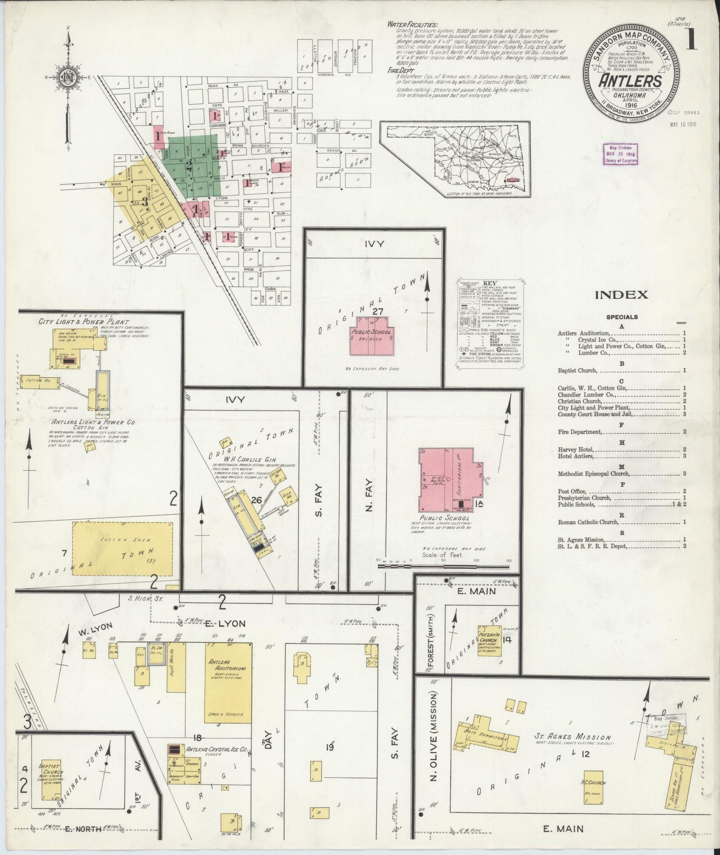 Sanborn Fire Insurance Map from Antlers, Pushmataha County, Oklahoma (1916), Sheet #0001 - Complete Map Set gallery image, historic Sanborn map, vintage wall art, Oklahoma Oklahoma