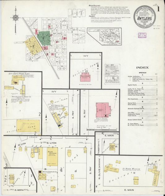 Sanborn Fire Insurance Map from Antlers, Pushmataha County, Oklahoma (1916), Sheet #0001 - Complete Map Set gallery image, historic Sanborn map, vintage wall art, Oklahoma Oklahoma