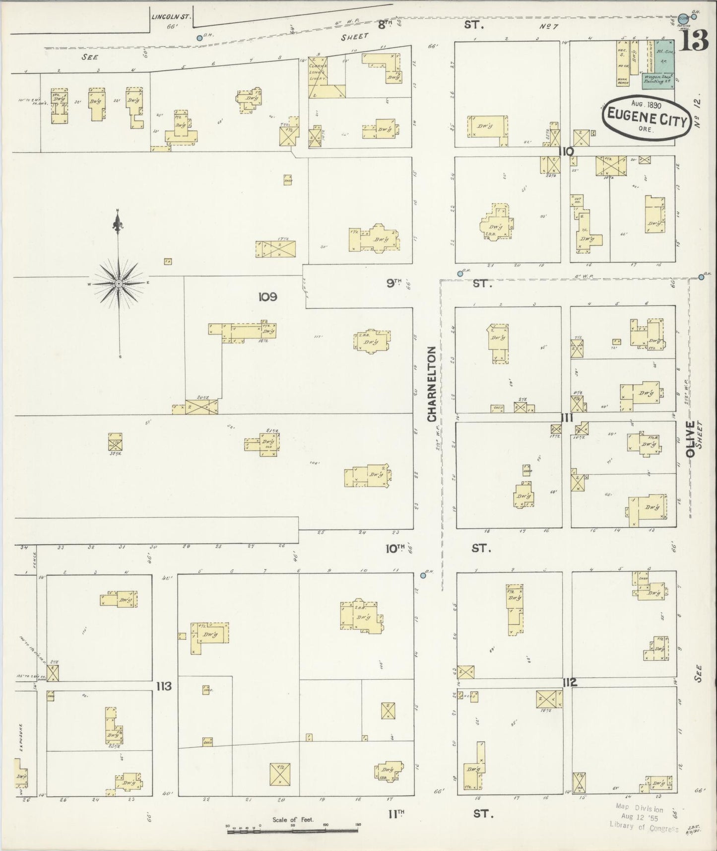Sanborn Fire Insurance Map from Eugene, Lane County, Oregon (1890), Sheet #0013 - Historic Sanborn Fire Insurance Map Print, vintage old map wall art, antique decor, genealogy gift, Oregon Oregon map