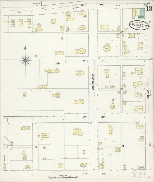 Sanborn Fire Insurance Map from Eugene, Lane County, Oregon (1890), Sheet #0013 - Historic Sanborn Fire Insurance Map Print, vintage old map wall art, antique decor, genealogy gift, Oregon Oregon map