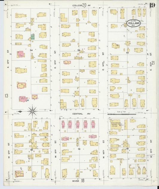 Sanborn Fire Insurance Map from Holland, Ottawa County, Michigan (1908), Sheet #0019 - Historic Sanborn Fire Insurance Map Print, vintage old map wall art, antique decor, genealogy gift, Michigan Michigan map