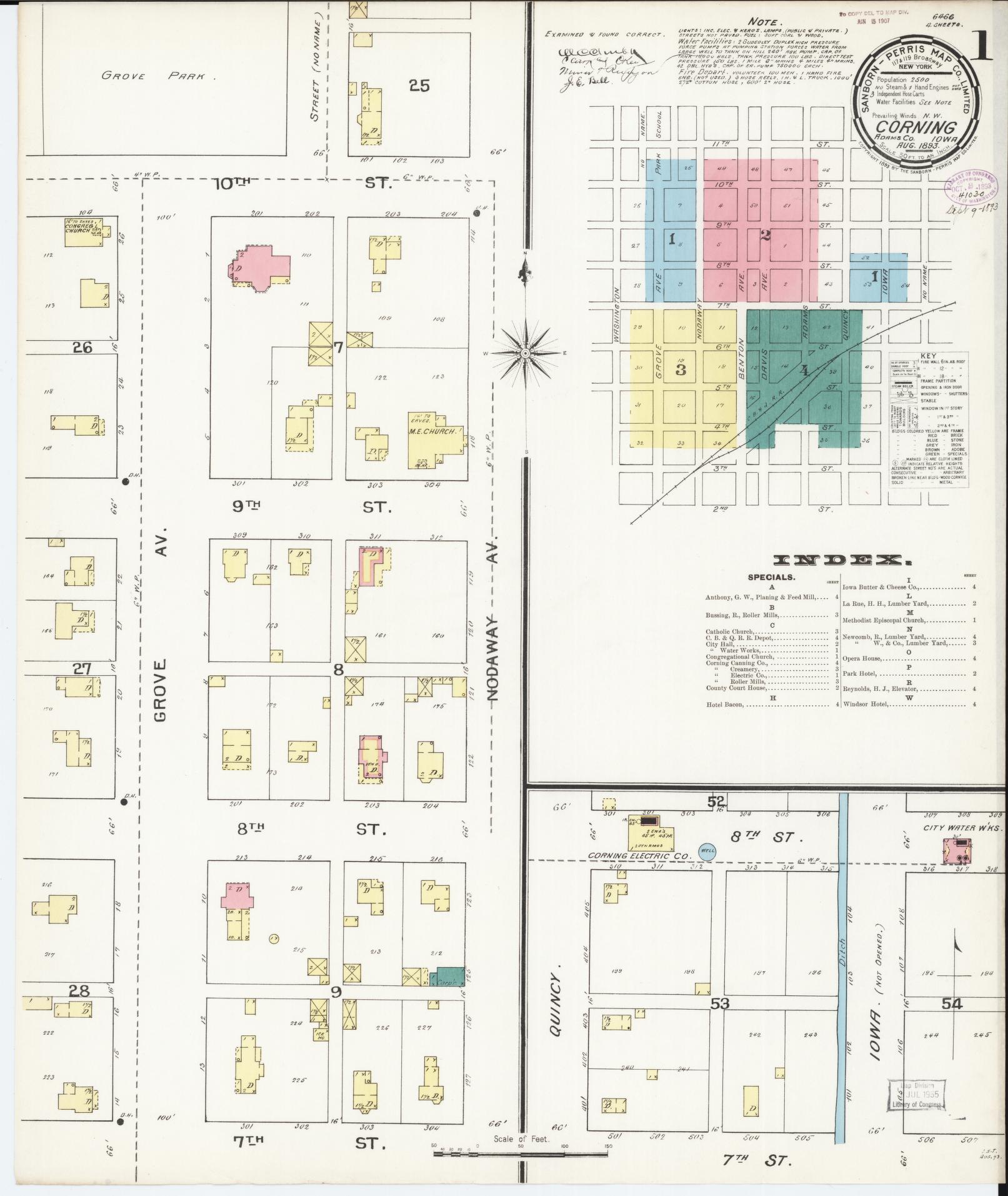 Sanborn Fire Insurance Map from Corning, Adams County, Iowa (1893), Sheet #0001 - Historic Sanborn Fire Insurance Map Print, vintage old map wall art
