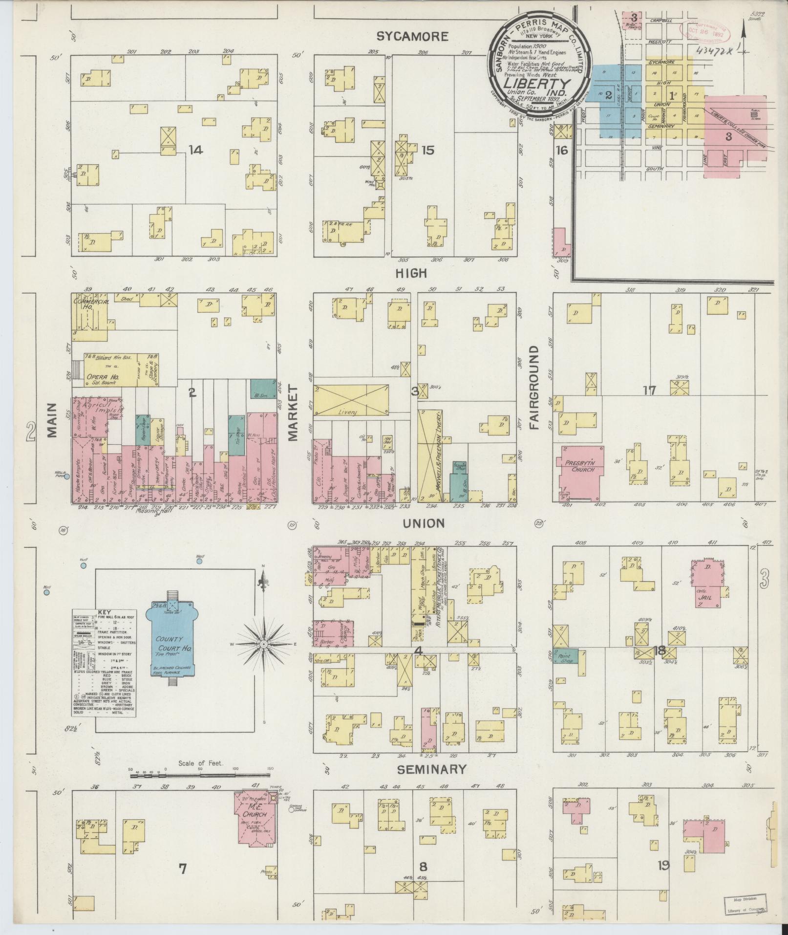 Sanborn Fire Insurance Map from Liberty, Union County, Indiana (1892), Sheet #0001 - Historic Sanborn Fire Insurance Map Print, vintage old map wall art, antique decor, genealogy gift, Indiana Indiana map
