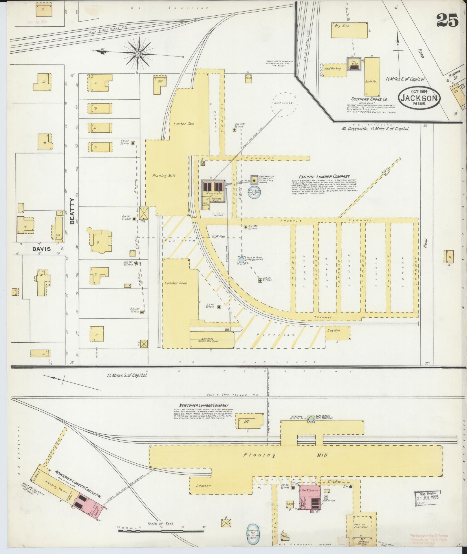 Sanborn Fire Insurance Map from Jackson, Hinds County, Mississippi (1904), Sheet #0025 - Historic Sanborn Fire Insurance Map Print, vintage old map wall art, antique decor, genealogy gift, Mississippi Mississippi map