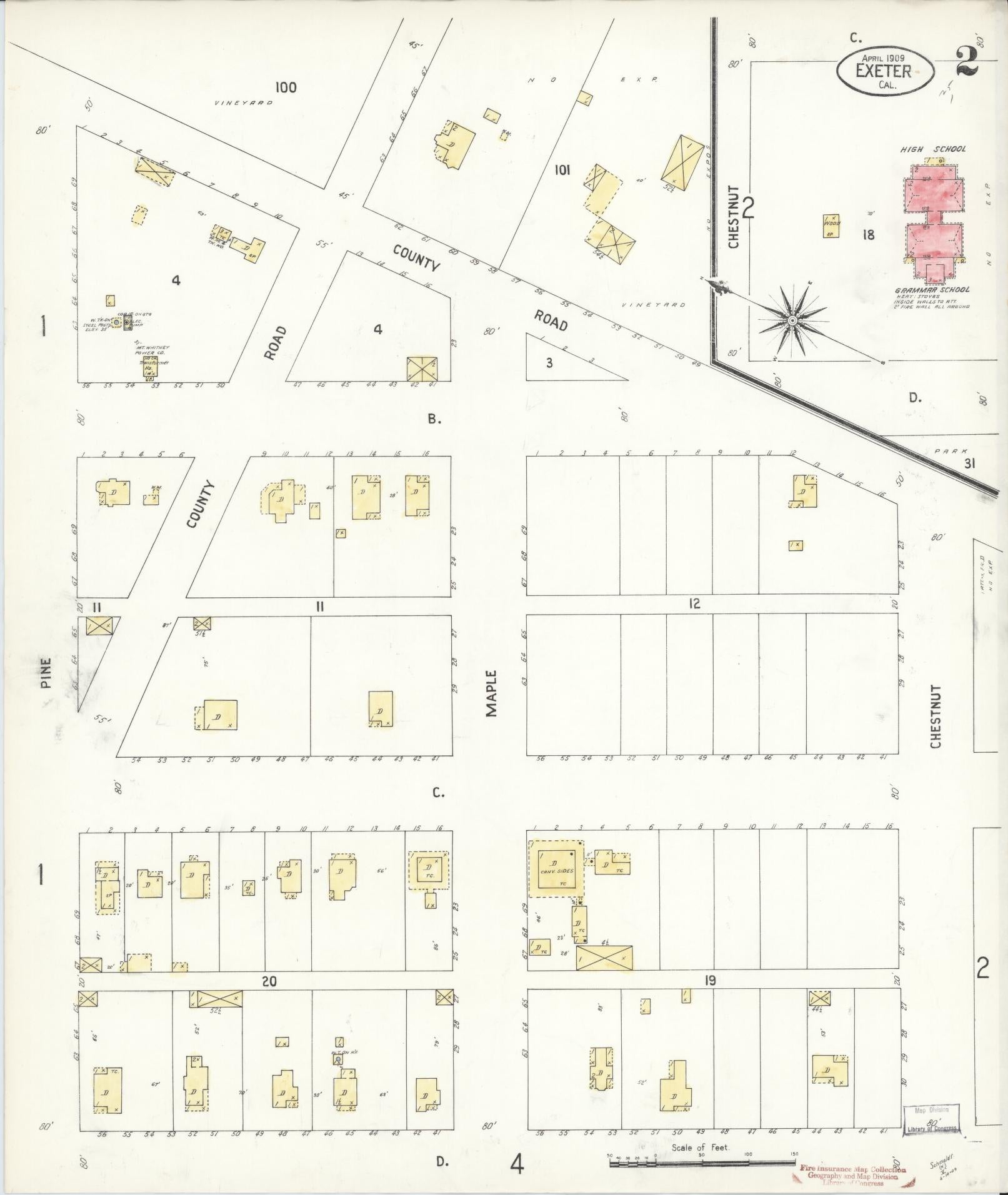 Sanborn Fire Insurance Map from Exeter, Tulare County, California (1909), Sheet #0002 - Historic Sanborn Fire Insurance Map Print, vintage old map wall art, antique decor, genealogy gift, California California map