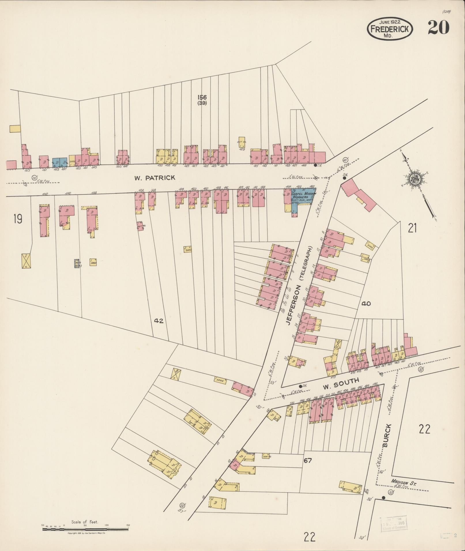 Sanborn Fire Insurance Map from Frederick, Frederick County, Maryland (1922), Sheet #0020 - Historic Sanborn Fire Insurance Map Print, vintage old map wall art