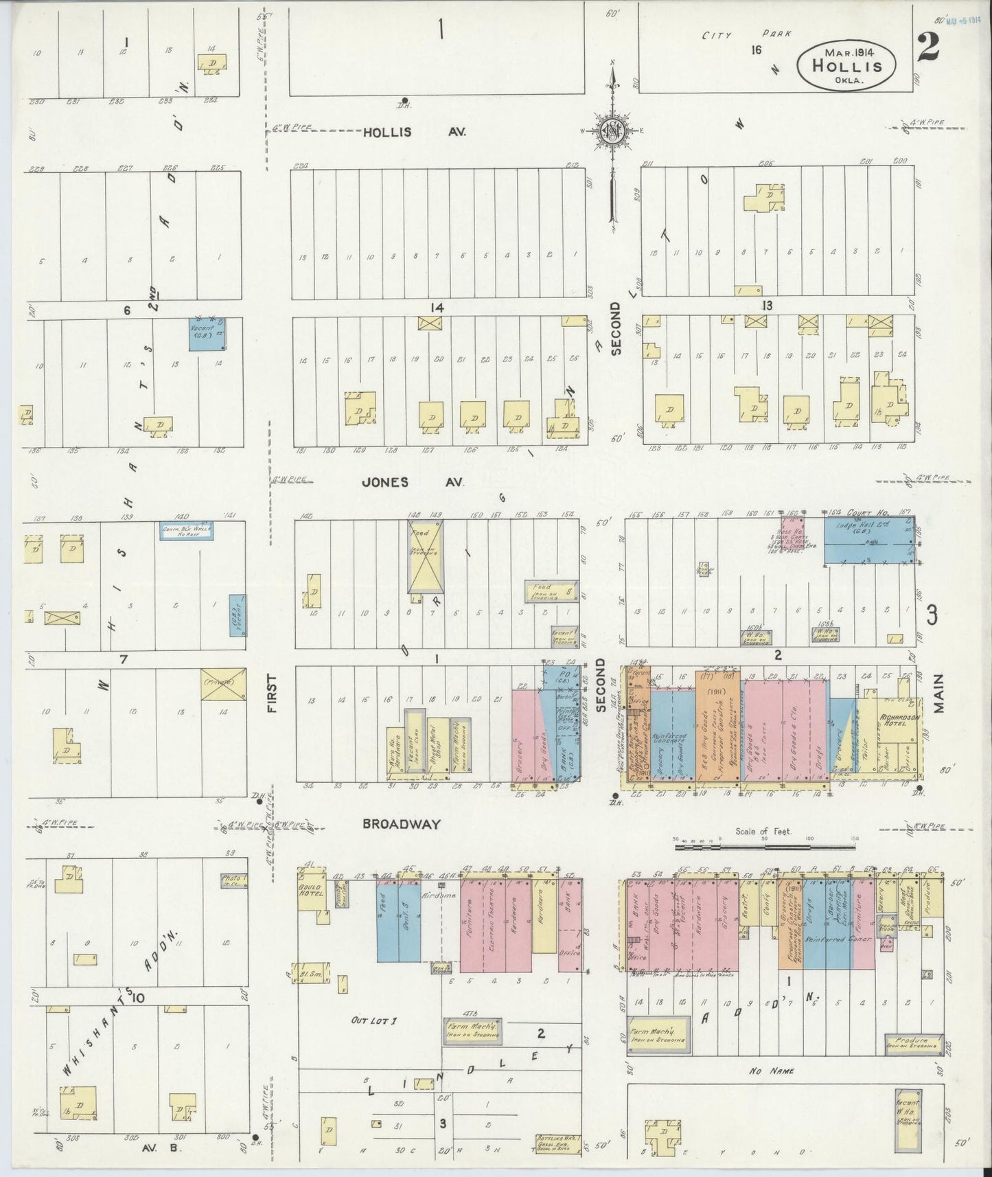 Sanborn Fire Insurance Map from Hollis, Harmon County, Oklahoma (1914), Sheet #0002 - Complete Map Set gallery image, historic Sanborn map, vintage wall art, Oklahoma Oklahoma