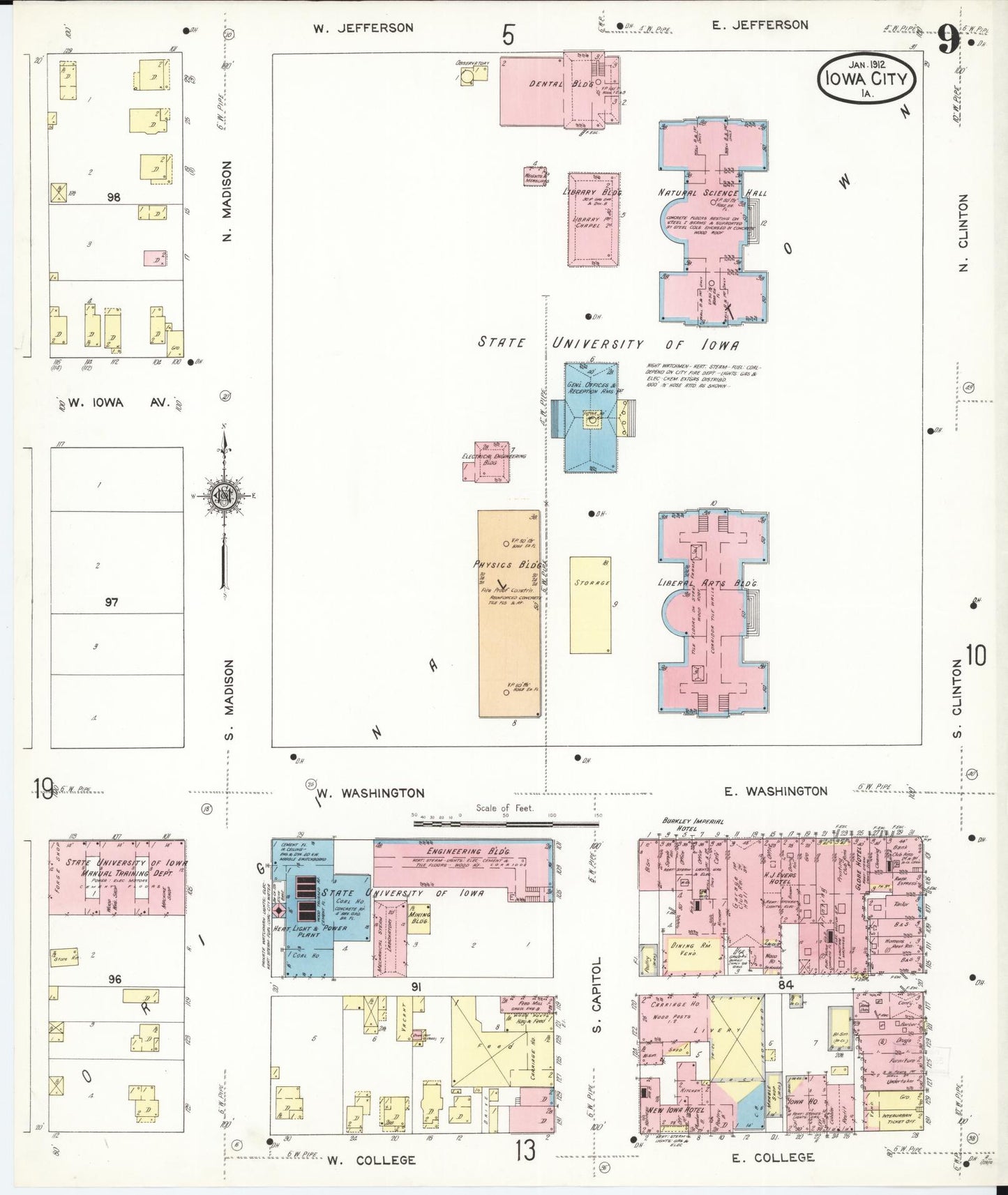 Sanborn Fire Insurance Map from Iowa City, Johnson County, Iowa (1912), Sheet #0009 - Historic Sanborn Fire Insurance Map Print, vintage old map wall art