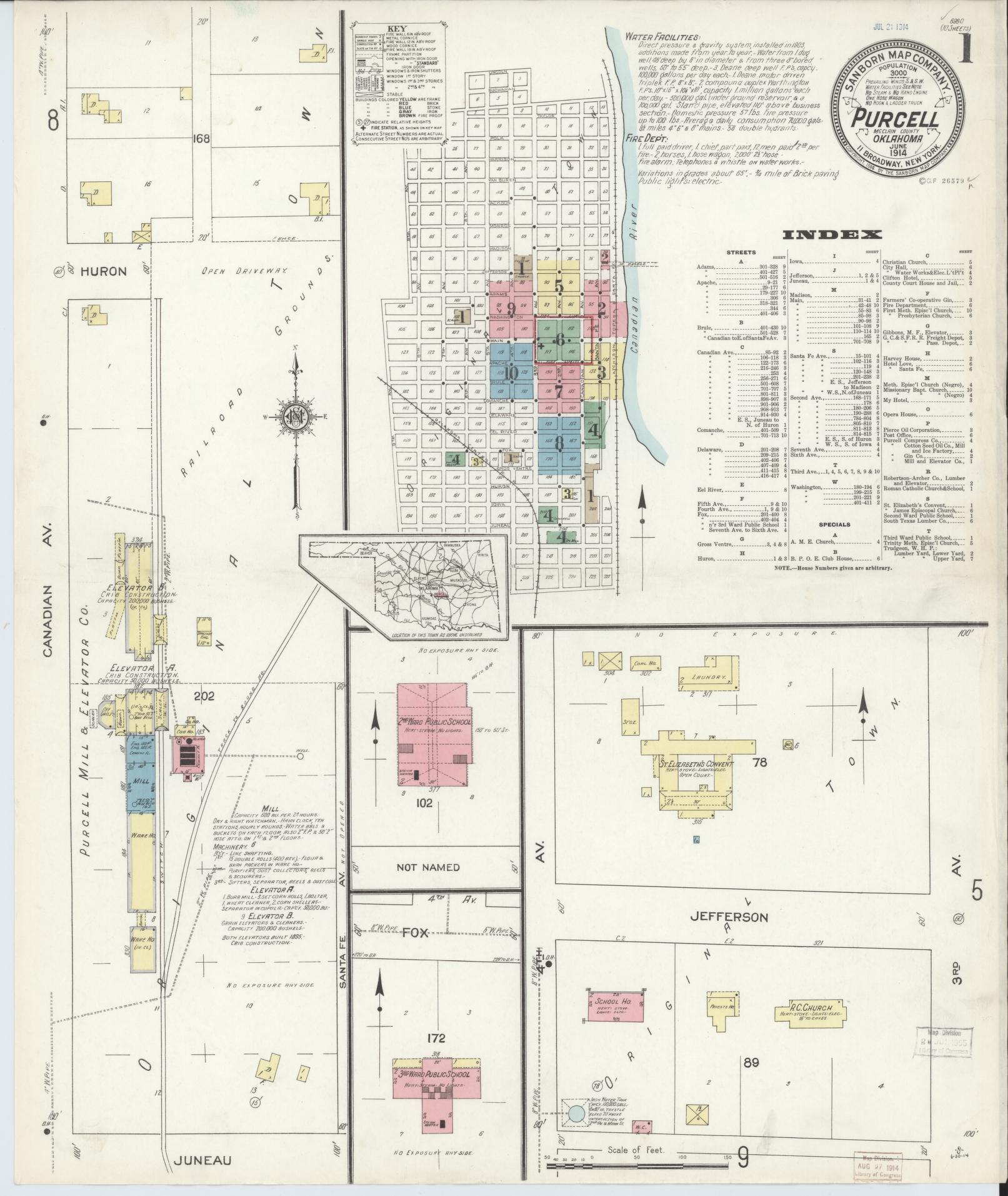 Sanborn Fire Insurance Map from Purcell, McClain County, Oklahoma (1914), Sheet #0001 - Historic Sanborn Fire Insurance Map Print, vintage old map wall art, antique decor, genealogy gift, Oklahoma Oklahoma map