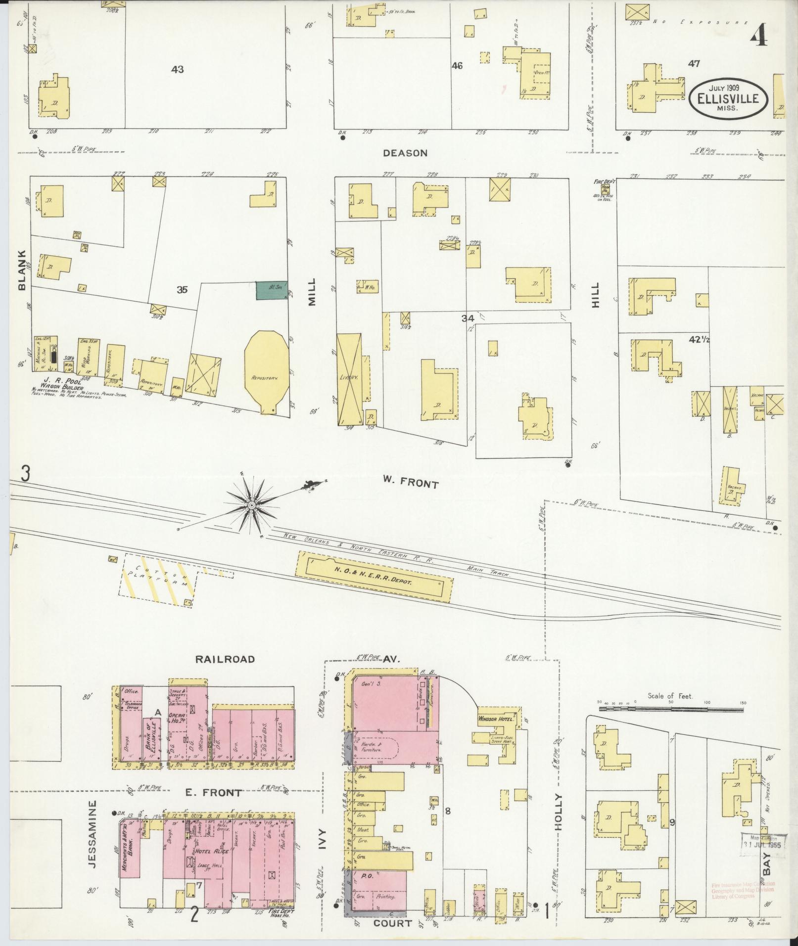 Sanborn Fire Insurance Map from Ellisville, Jones County, Mississippi (1909), Sheet #0004 - Complete Map Set gallery image, historic Sanborn map, vintage wall art, Mississippi Mississippi