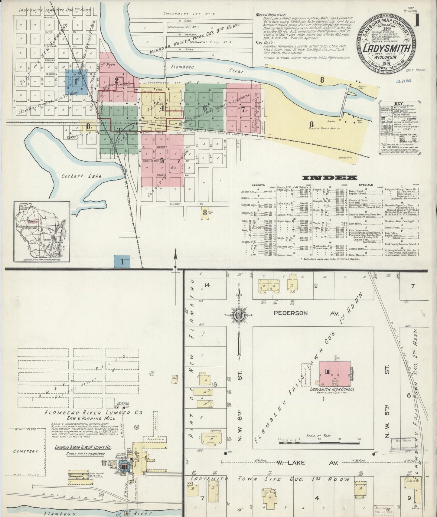 Sanborn Fire Insurance Map from Ladysmith, Rusk County, Wisconsin (1914), Sheet #0001 - Complete Map Set gallery image, historic Sanborn map, vintage wall art, Wisconsin Wisconsin