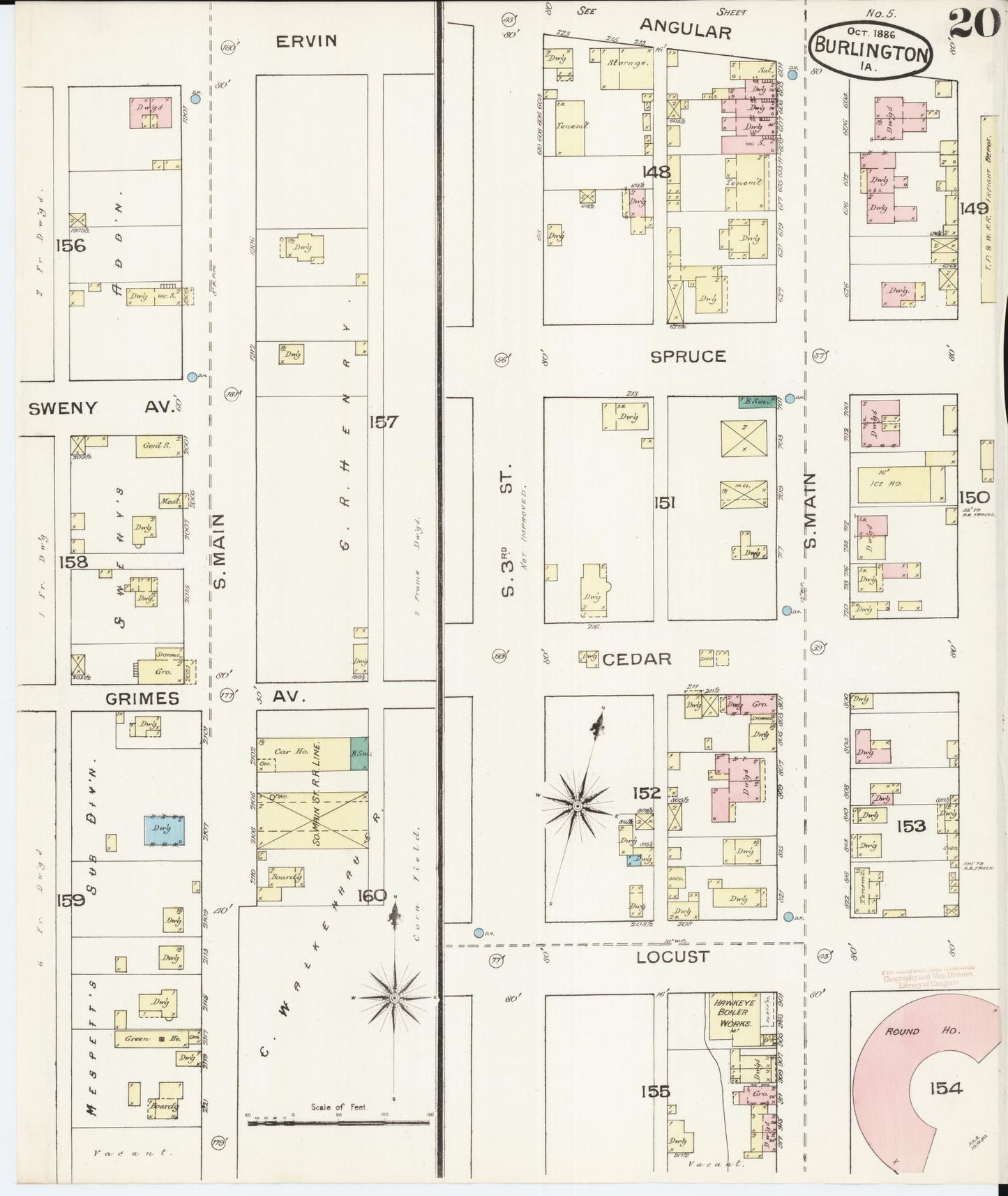 Sanborn Fire Insurance Map from Burlington, Des Moines County, Iowa (1888), Sheet #0020 - Historic Sanborn Fire Insurance Map Print, vintage old map wall art