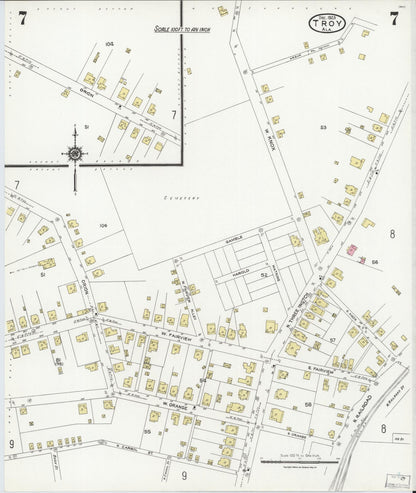 Sanborn Fire Insurance Map from Troy, Pike County, Alabama (1923), Sheet #0007 - Complete Map Set gallery image, historic Sanborn map, vintage wall art, Alabama Alabama