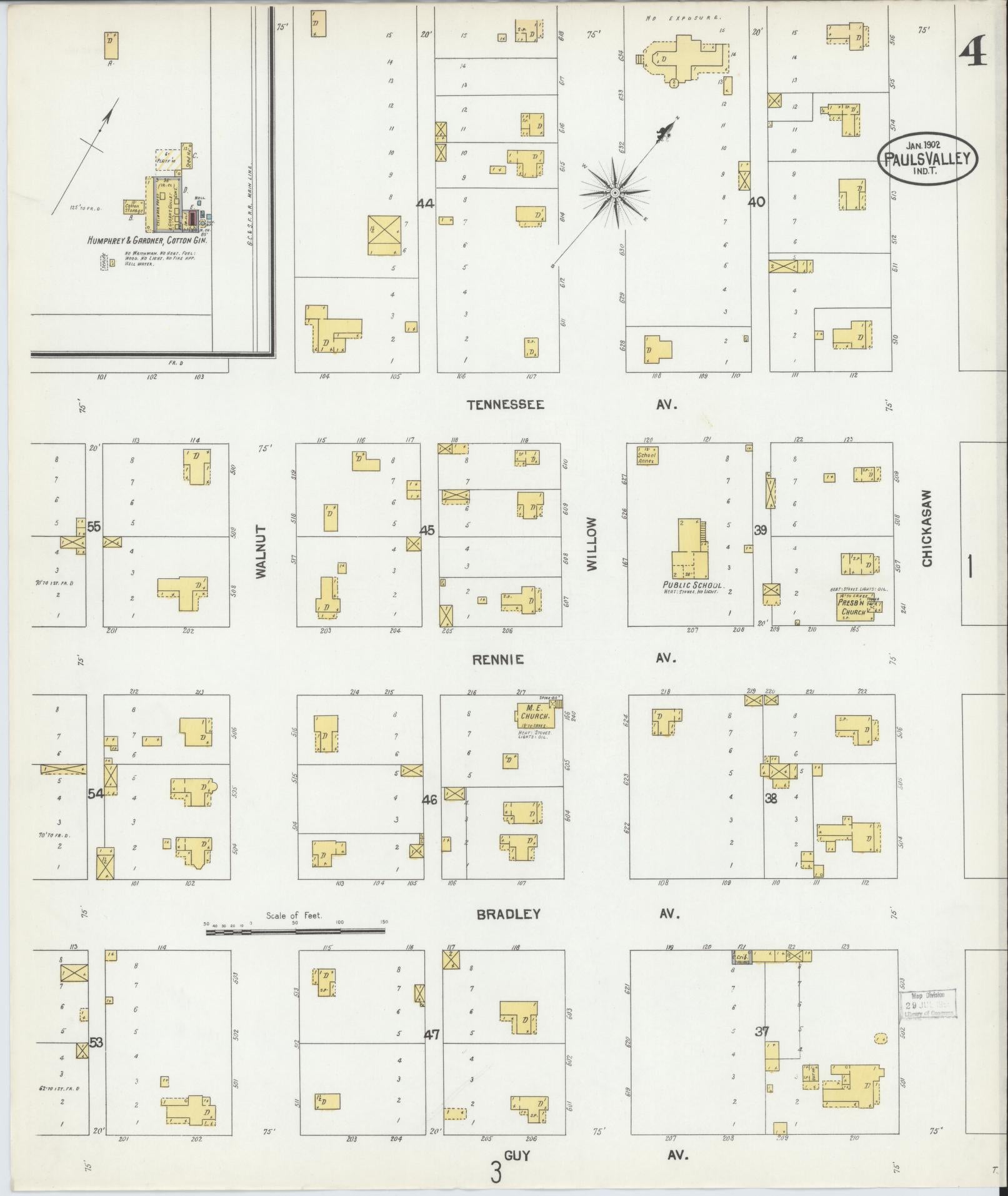 Sanborn Fire Insurance Map from Pauls Valley, Garvin County, Oklahoma (1902), Sheet #0004 - Historic Sanborn Fire Insurance Map Print, vintage old map wall art, antique decor, genealogy gift, Oklahoma Oklahoma map