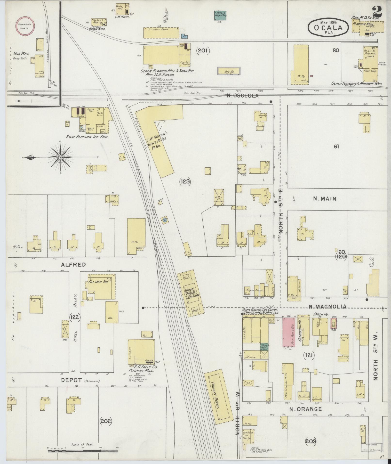 Sanborn Fire Insurance Map from Ocala, Marion County, Florida (1895), Sheet #0002 - Historic Sanborn Fire Insurance Map Print, vintage old map wall art, antique decor, genealogy gift, Florida Florida map