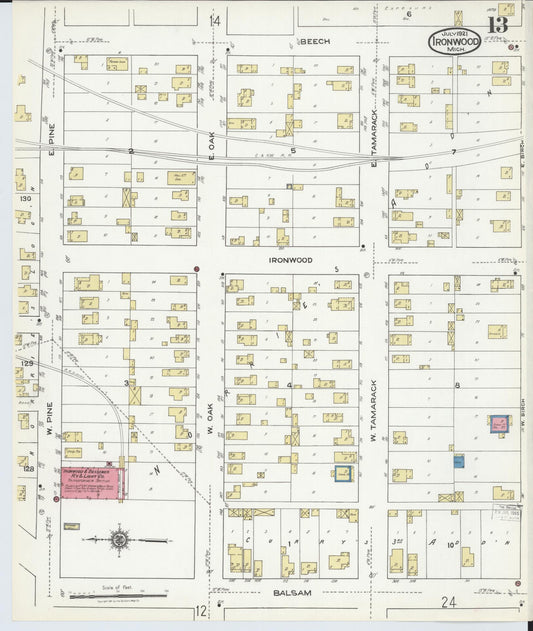 Sanborn Fire Insurance Map from Ironwood, Gogebic County, Michigan (1921), Sheet #0013 - Historic Sanborn Fire Insurance Map Print, vintage old map wall art, antique decor, genealogy gift, Michigan Michigan map