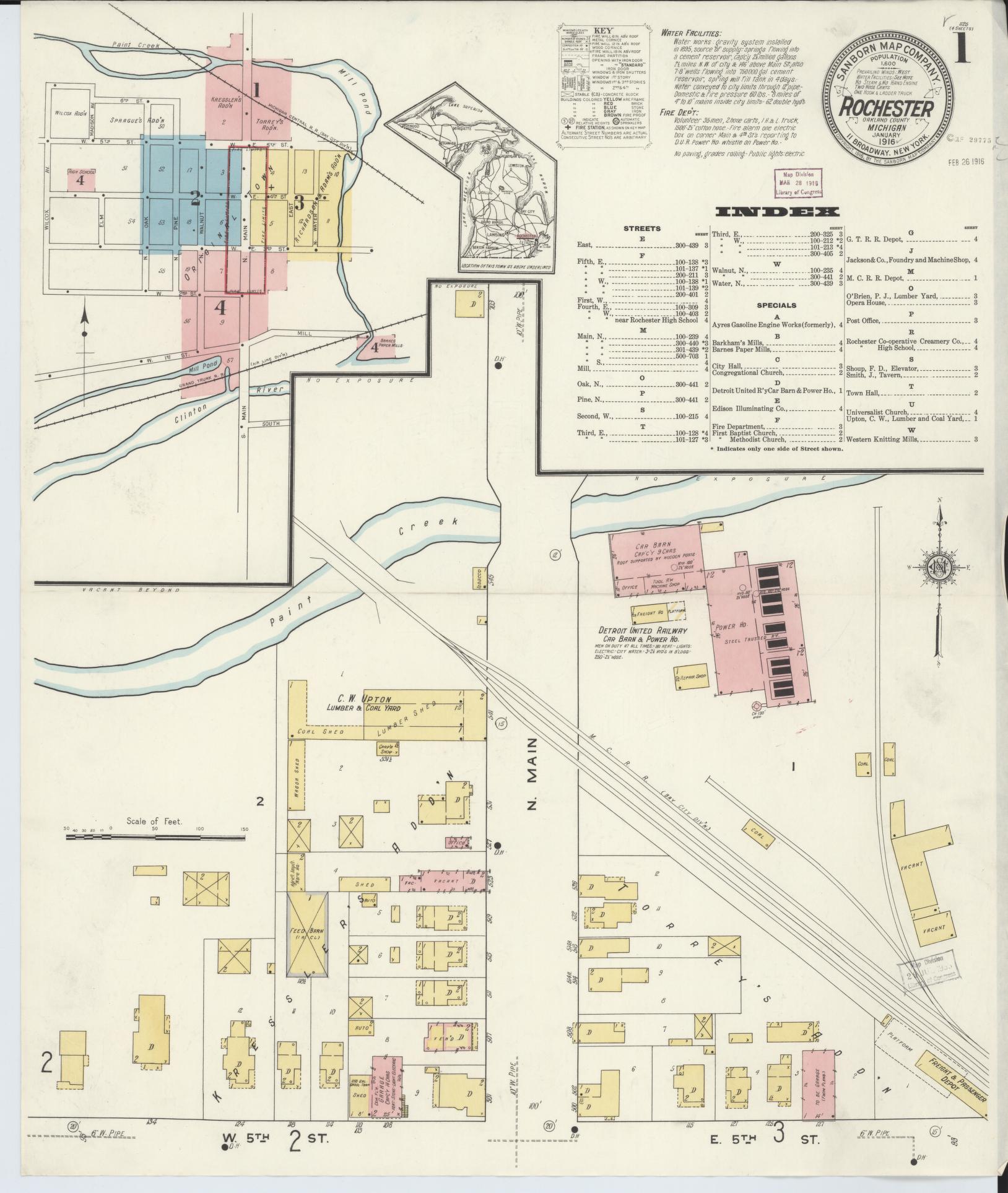 Sanborn Fire Insurance Map from Rochester, Oakland County, Michigan (1916), Sheet #0001 - Complete Map Set gallery image, historic Sanborn map, vintage wall art, Michigan Michigan