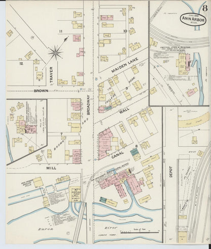 Sanborn Fire Insurance Map from Ann Arbor, Washtenaw County, Michigan (1888), Sheet #0008 - Historic Sanborn Fire Insurance Map Print, vintage old map wall art, antique decor, genealogy gift, Michigan Michigan map