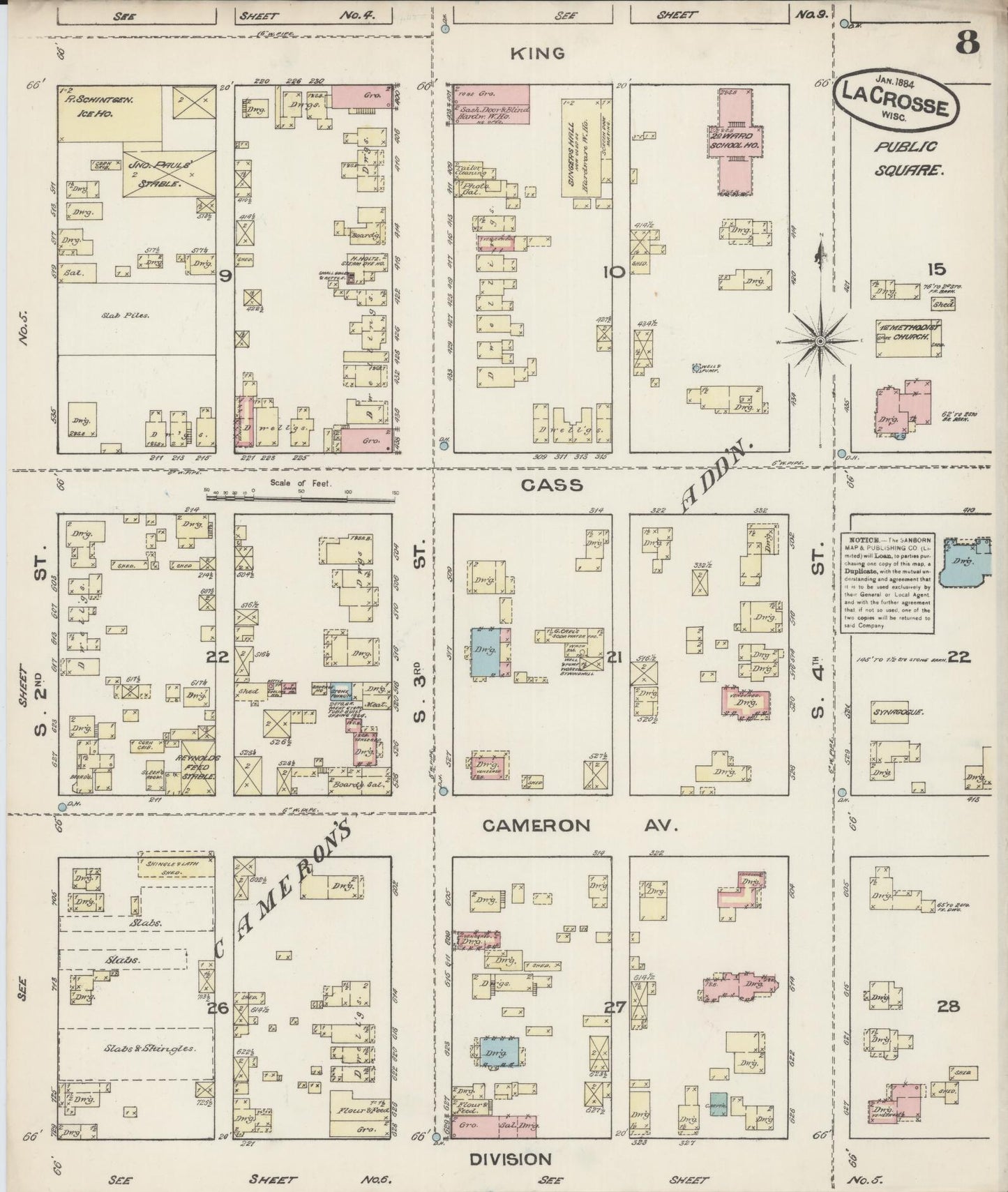 Sanborn Fire Insurance Map from La Crosse, La Crosse County, Wisconsin (1884), Sheet #0008 - Historic Sanborn Fire Insurance Map Print, vintage old map wall art, antique decor, genealogy gift, Wisconsin Wisconsin map