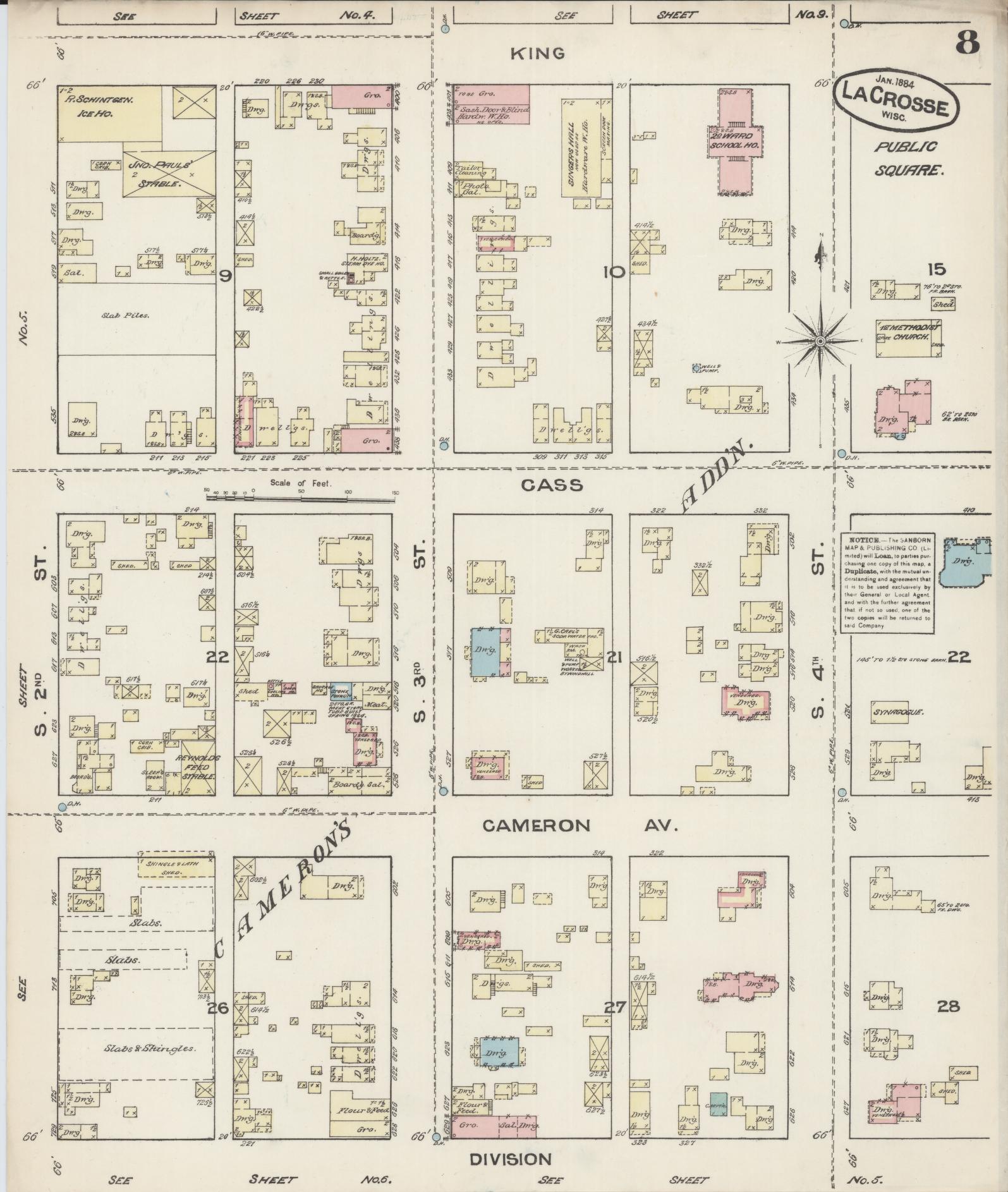 Sanborn Fire Insurance Map from La Crosse, La Crosse County, Wisconsin (1884), Sheet #0008 - Historic Sanborn Fire Insurance Map Print, vintage old map wall art, antique decor, genealogy gift, Wisconsin Wisconsin map