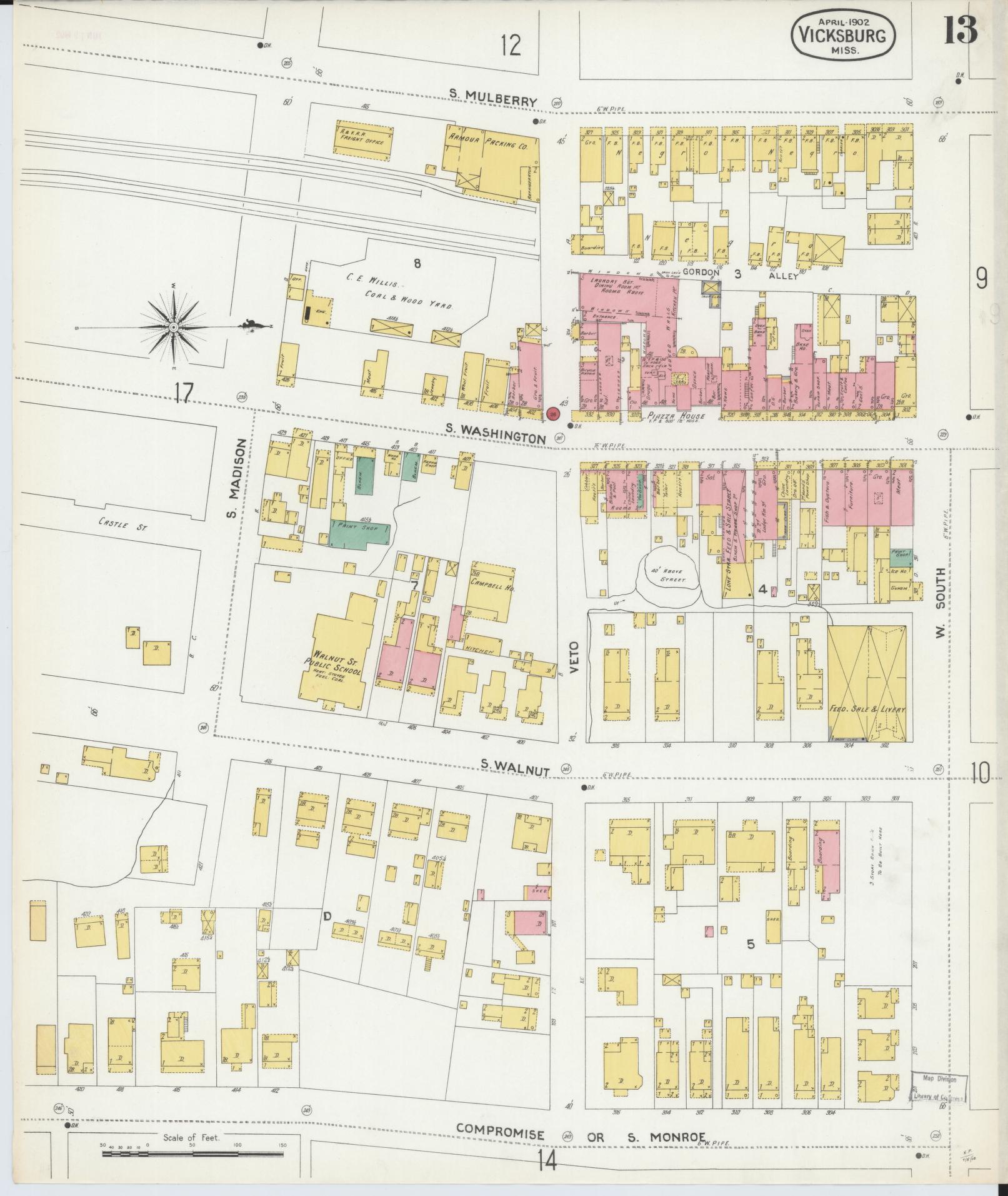 Sanborn Fire Insurance Map from Vicksburg, Warren County, Mississippi (1902), Sheet #0013 - Complete Map Set gallery image, historic Sanborn map, vintage wall art, Mississippi Mississippi