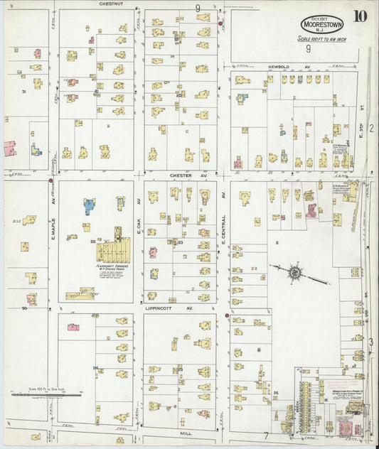 Sanborn Fire Insurance Map from Moorestown, Burlington County, New Jersey (1917), Sheet #0010 - Historic Sanborn Fire Insurance Map Print, vintage old map wall art, antique decor, genealogy gift, New Jersey New Jersey map
