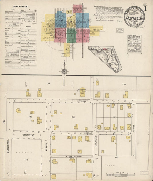 Sanborn Fire Insurance Map from Monticello, Jefferson County, Florida (1922), Sheet #0001 - Complete Map Set gallery image, historic Sanborn map, vintage wall art, Florida Florida