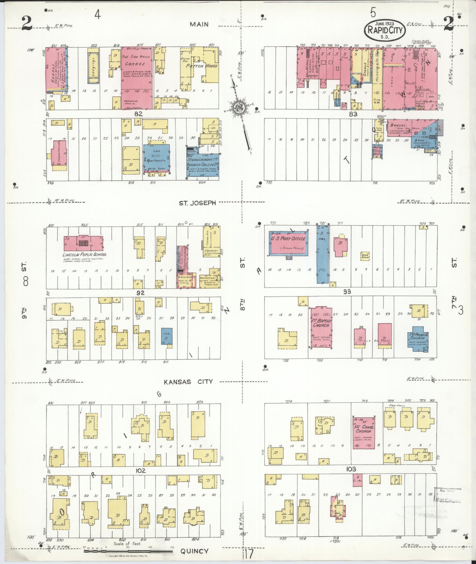 Sanborn Fire Insurance Map from Rapid City, Pennington County, South Dakota (1923), Sheet #0002 - Historic Sanborn Fire Insurance Map Print, vintage old map wall art, antique decor, genealogy gift, South Dakota South Dakota map