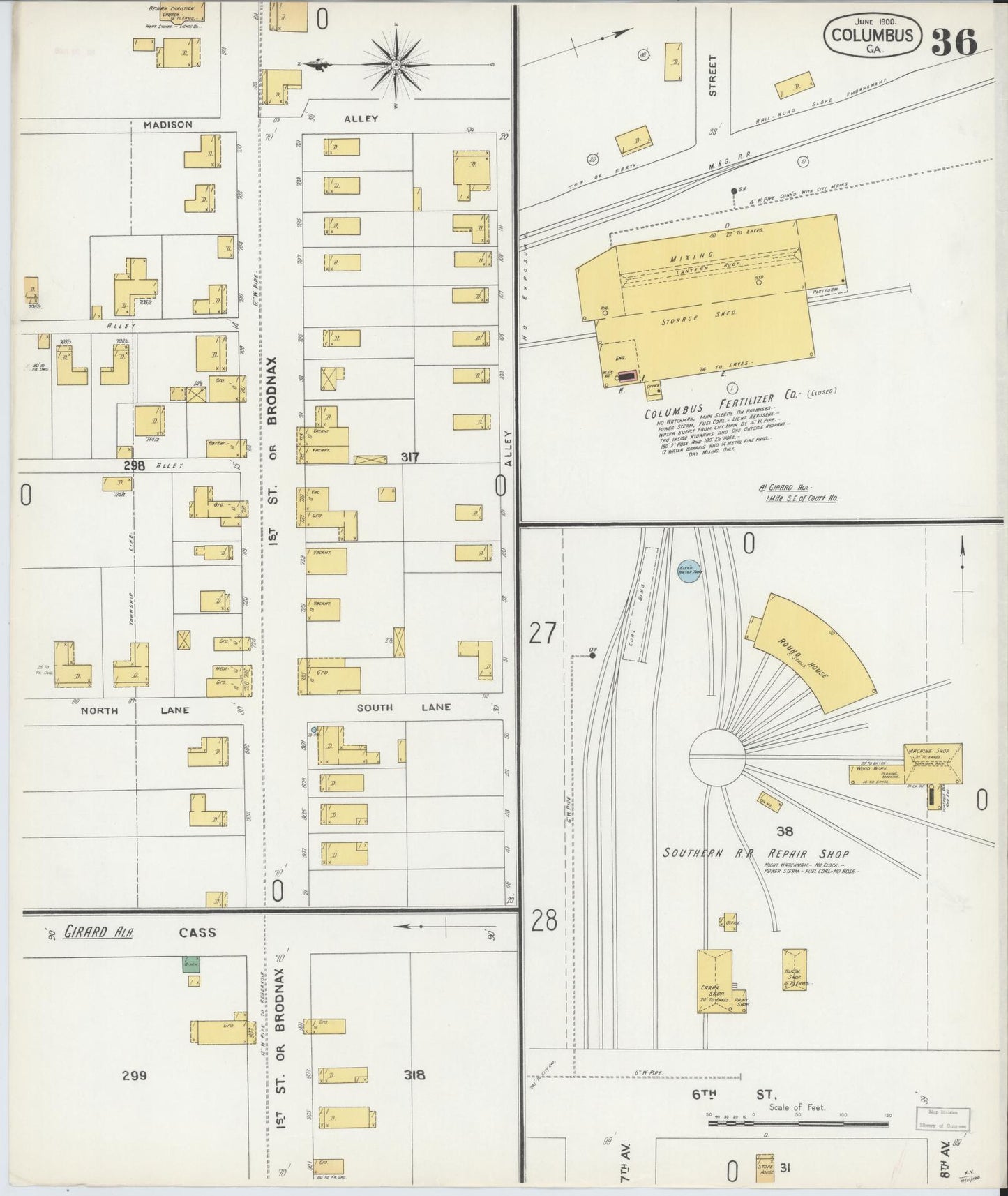 Sanborn Fire Insurance Map from Columbus, Muscogee County, Georgia (1900), Sheet #0036 - Historic Sanborn Fire Insurance Map Print, vintage old map wall art, antique decor, genealogy gift, Georgia Georgia map