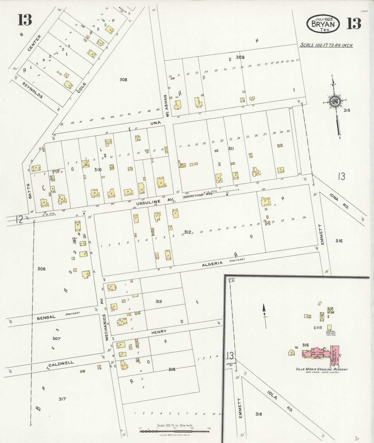 Sanborn Fire Insurance Map from Bryan, Brazos County, Texas (1925), Sheet #0013 - Historic Sanborn Fire Insurance Map Print, vintage old map wall art, antique decor, genealogy gift, Texas Texas map