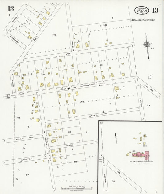 Sanborn Fire Insurance Map from Bryan, Brazos County, Texas (1925), Sheet #0013 - Historic Sanborn Fire Insurance Map Print, vintage old map wall art, antique decor, genealogy gift, Texas Texas map