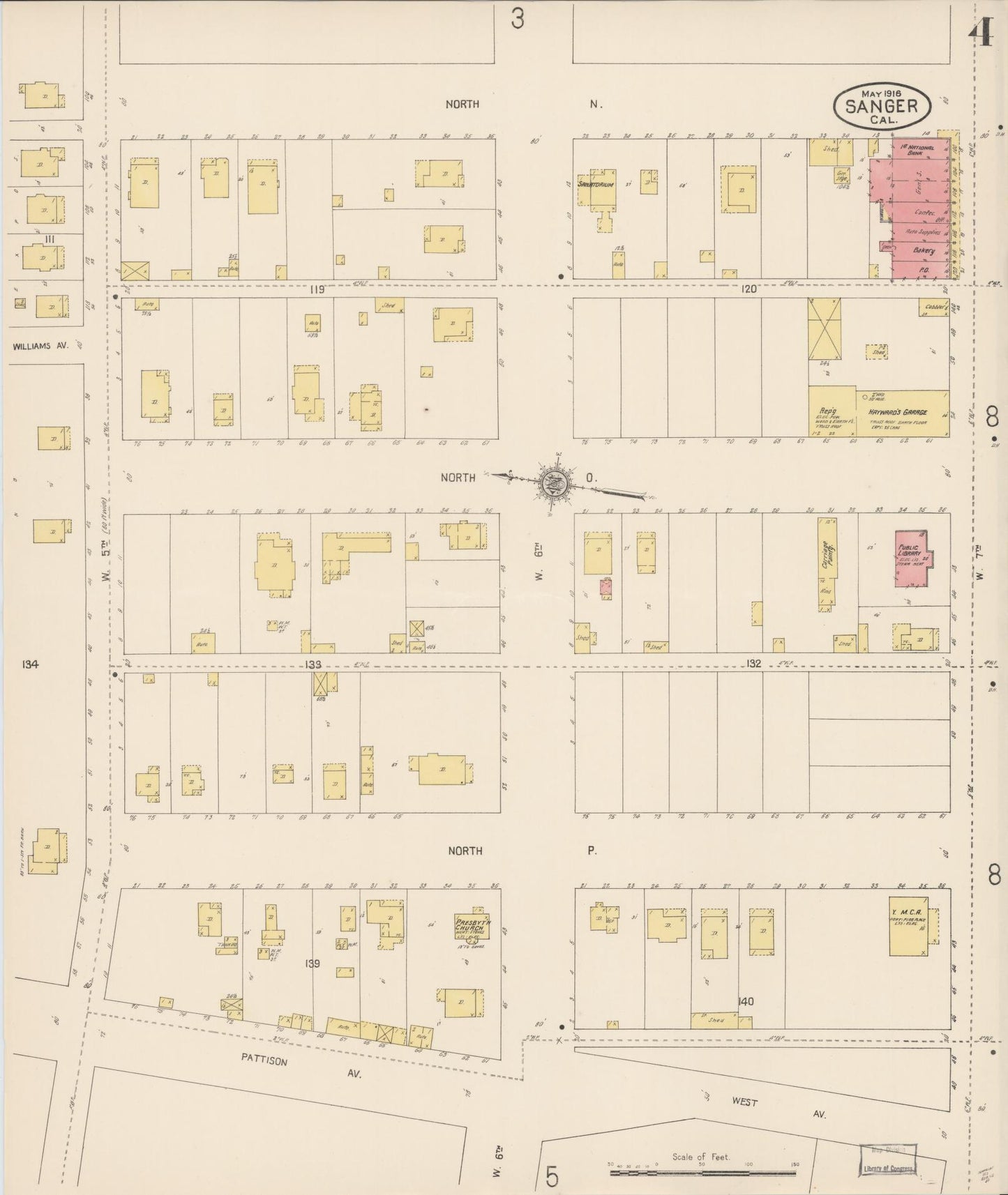 Sanborn Fire Insurance Map from Sanger, Fresno County, California (1916), Sheet #0004 - Complete Map Set gallery image, historic Sanborn map, vintage wall art, California California