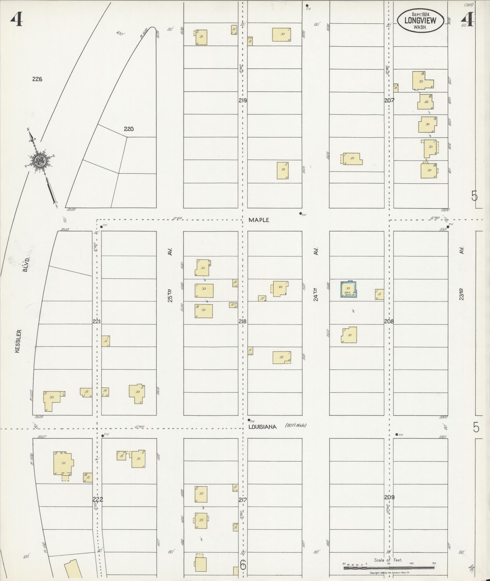 Sanborn Fire Insurance Map from Longview, Cowlitz County, Washington (1924), Sheet #0004 - Historic Sanborn Fire Insurance Map Print, vintage old map wall art, antique decor, genealogy gift, Washington Washington map