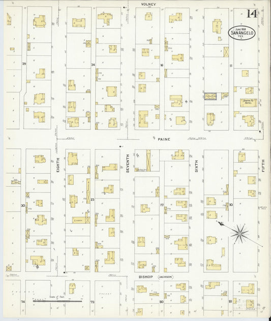 Sanborn Fire Insurance Map from San Angelo, Tom Green County, Texas (1908), Sheet #0014 - Historic Sanborn Fire Insurance Map Print, vintage old map wall art, antique decor, genealogy gift, Texas Texas map