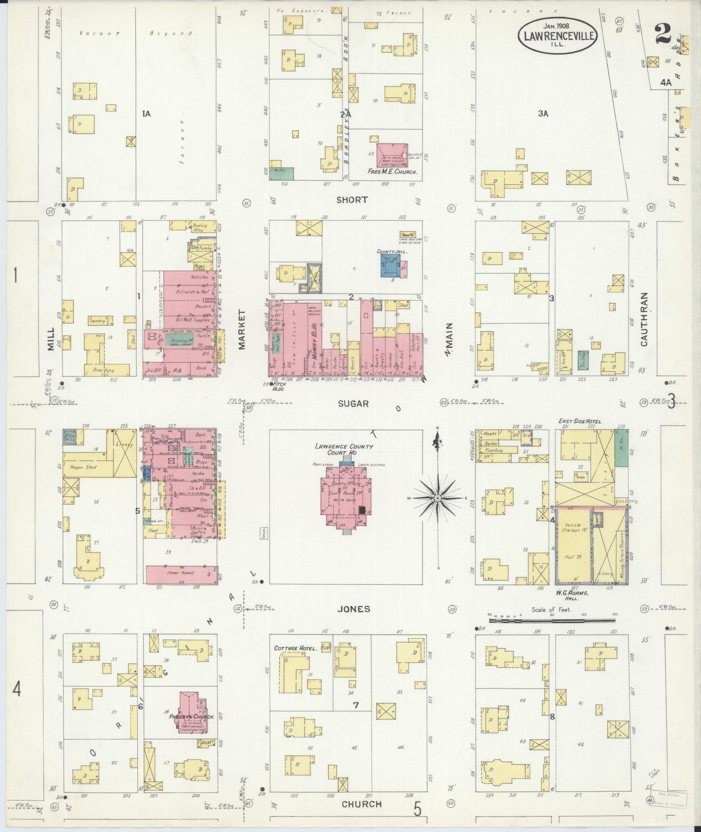 Sanborn Fire Insurance Map from Lawrenceville, Lawrence County, Illinois (1908), Sheet #0002 - Complete Map Set gallery image, historic Sanborn map, vintage wall art, Illinois Illinois