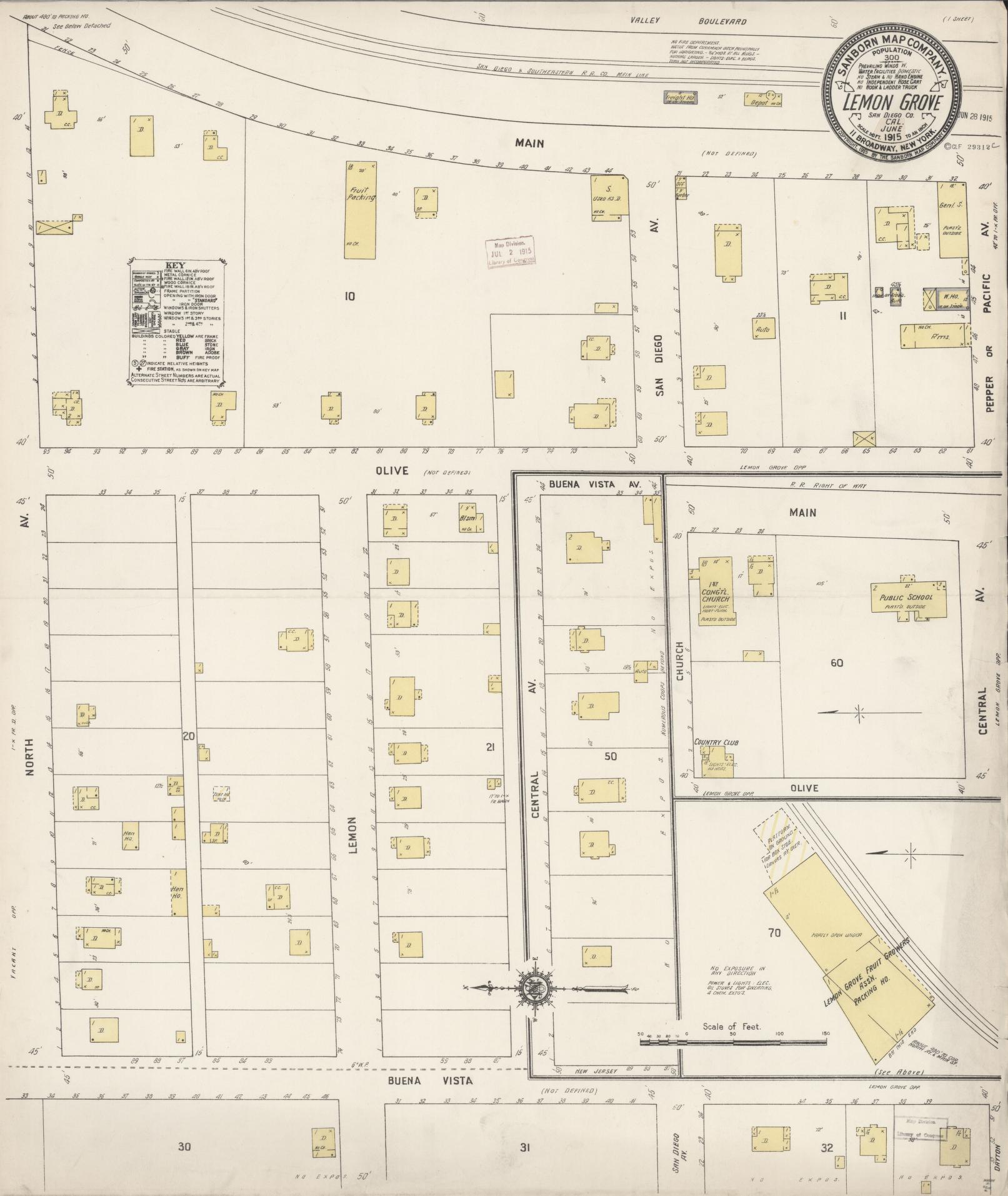 Sanborn Fire Insurance Map from Lemon Grove, San Diego County, California (1915), Sheet #0001 - Historic Sanborn Fire Insurance Map Print, vintage old map wall art, antique decor, genealogy gift, California California map